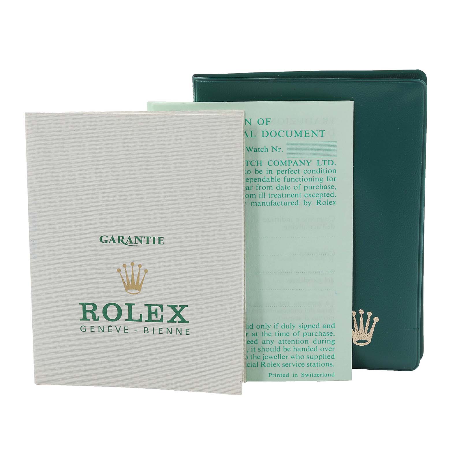 The image shows a Rolex Vintage Collection 6426 Men's Stainless Steel Silver Dial 6426 Men's Stainless Steel Silver Dial warranty booklet and documentation in a green holder.