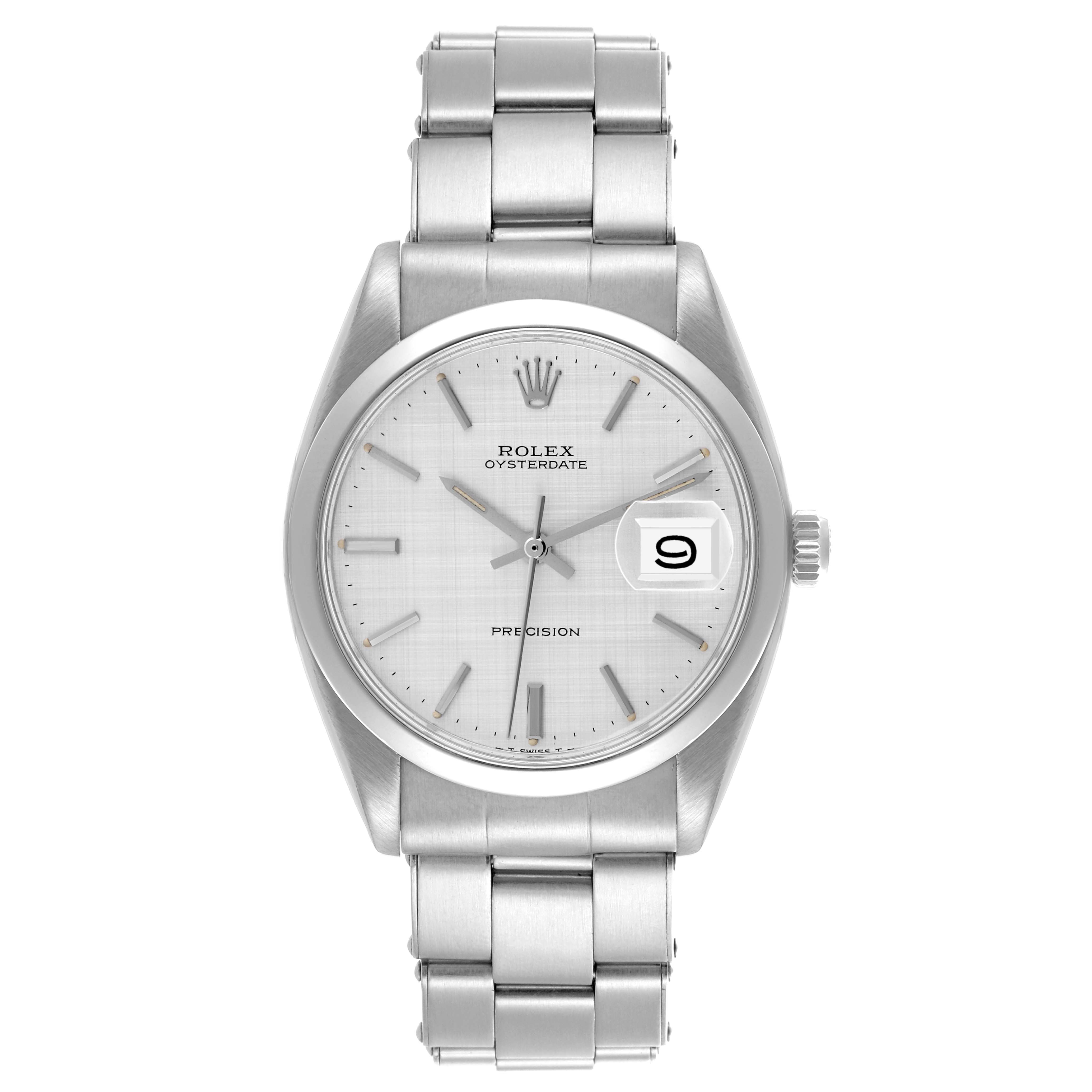 The Rolex Date 6694 Men's Stainless Steel Silver Dial 6694 Men's Stainless Steel Silver Dial model is shown from a top view, displaying the dial, bezel, hands, date window, crown, and bracelet.