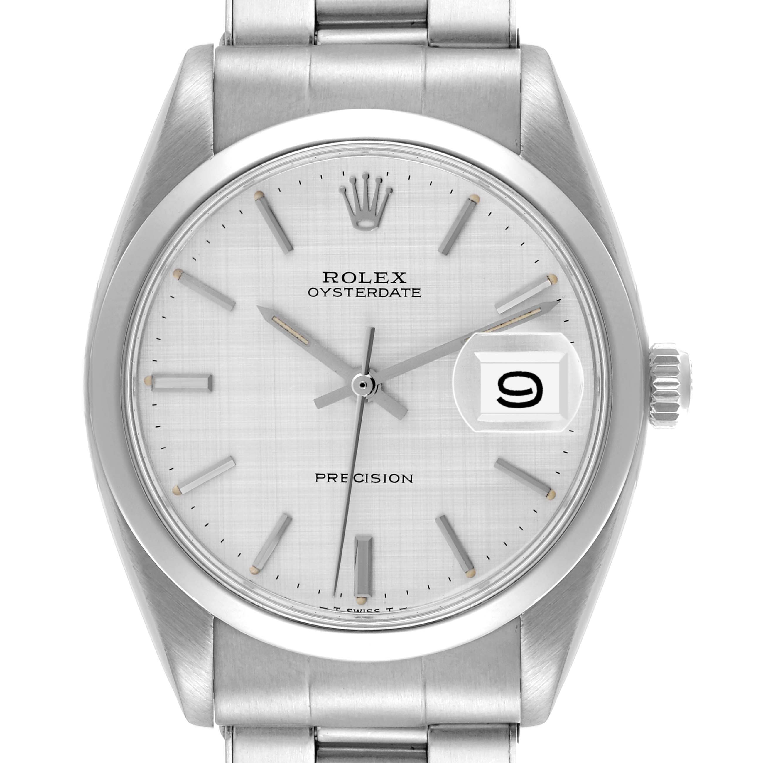 The Rolex Date 6694 Men's Stainless Steel Silver Dial 6694 Men's Stainless Steel Silver Dial model watch is shown from the front, highlighting the dial, hands, date window, and part of the bracelet.