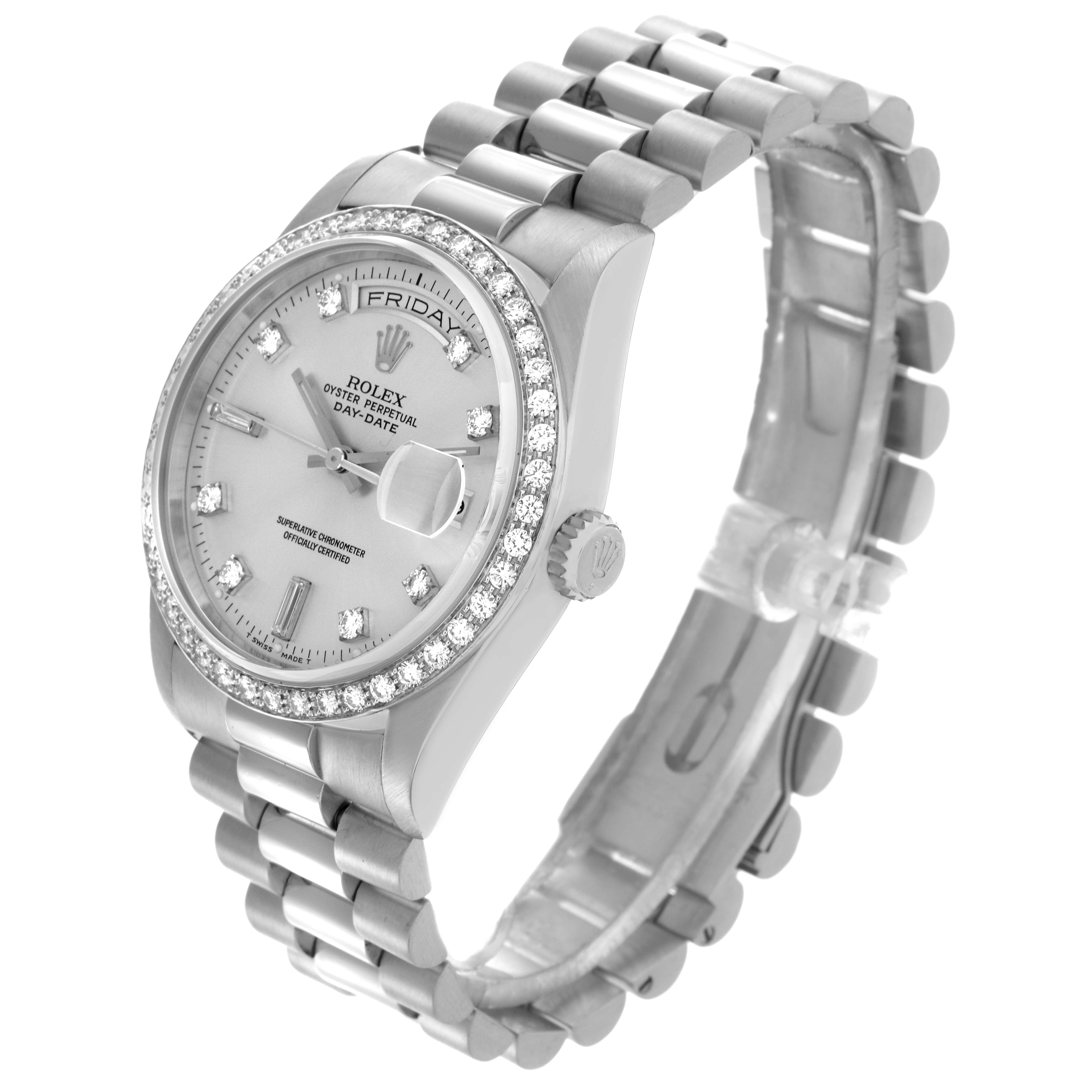 The Rolex President 18346 Men's Platinum Silver Dial 18346 Men's Platinum Silver Dial model watch is shown from an angled side view, displaying the face, bezel, crown, and bracelet.