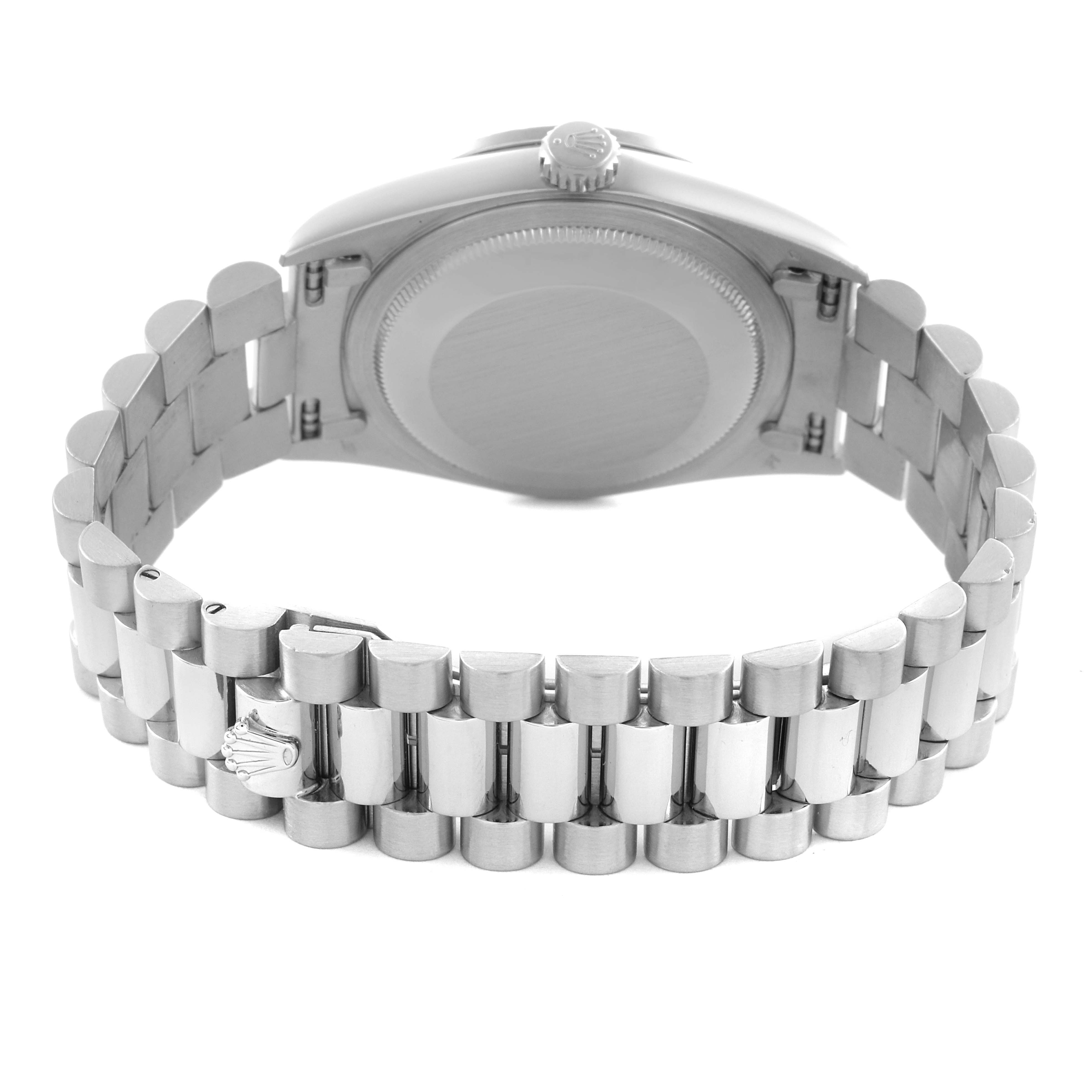 The image shows the back and bracelet of a Rolex President 18346 Men's Platinum Silver Dial 18346 Men's Platinum Silver Dial model, highlighting the clasp and case back.