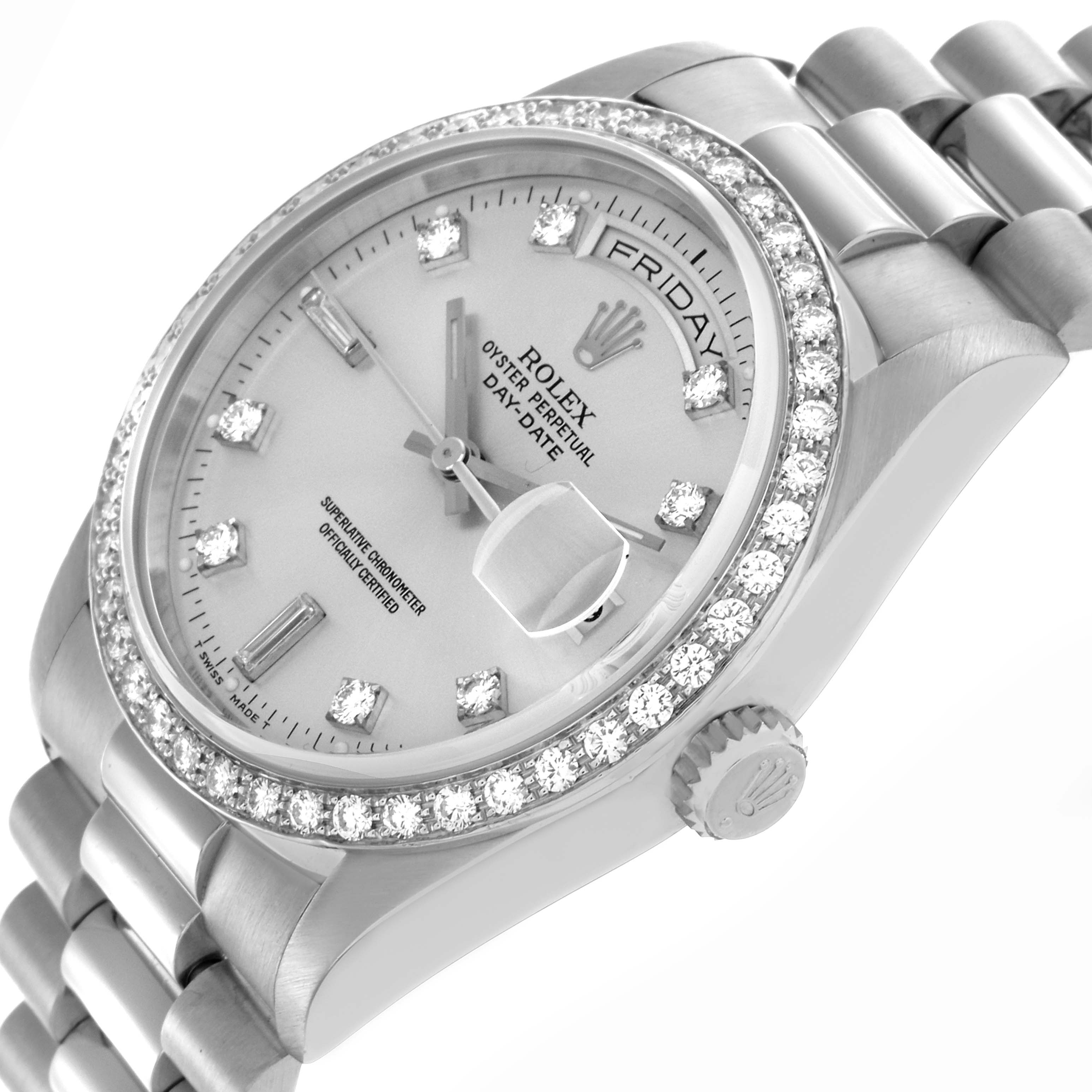 The Rolex President 18346 Men's Platinum Silver Dial 18346 Men's Platinum Silver Dial model watch is shown at an angled view, highlighting its diamond bezel, bracelet, dial, and crown.
