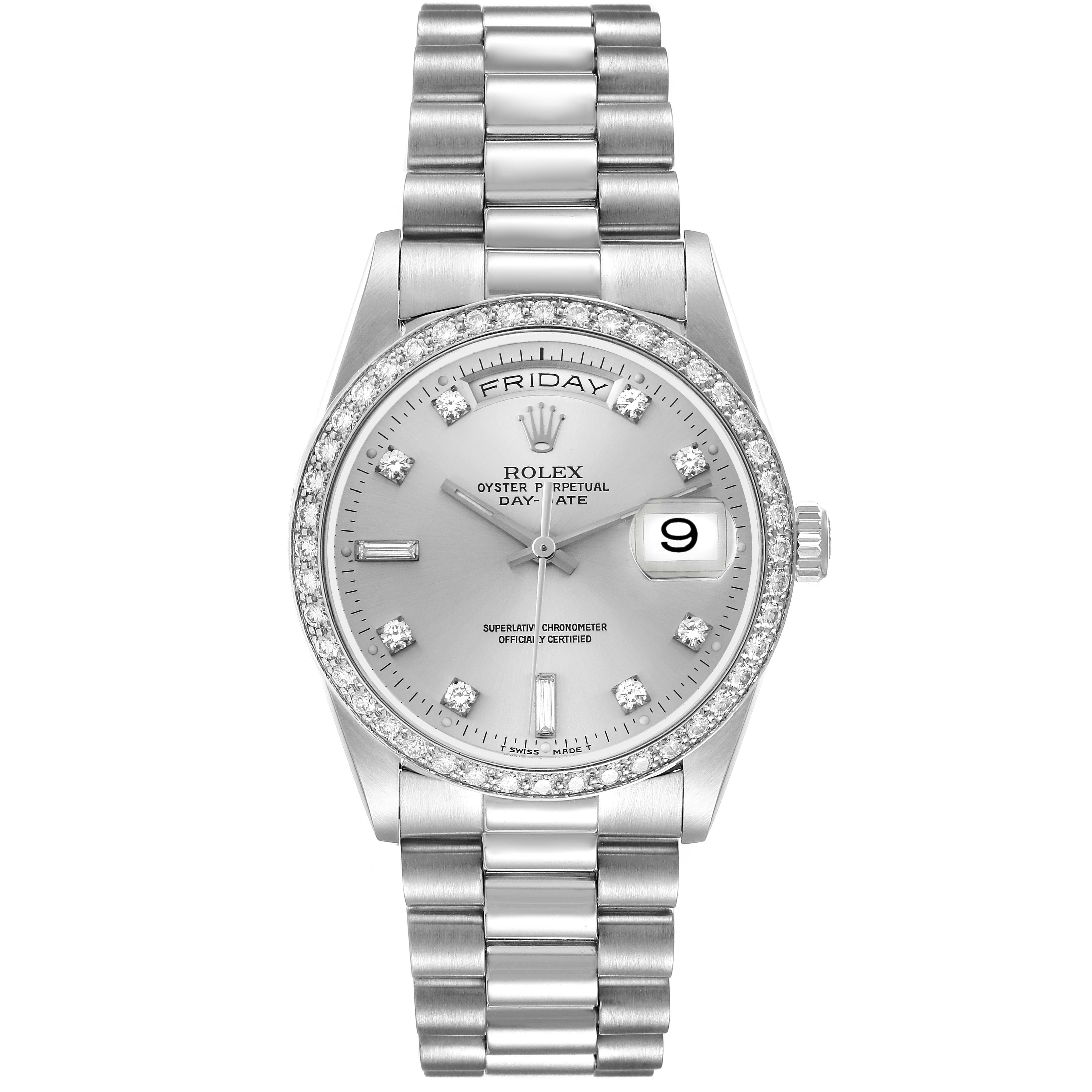 The Rolex President 18346 Men's Platinum Silver Dial 18346 Men's Platinum Silver Dial model watch is shown from a top-down angle, displaying the dial, bezel, and full bracelet.