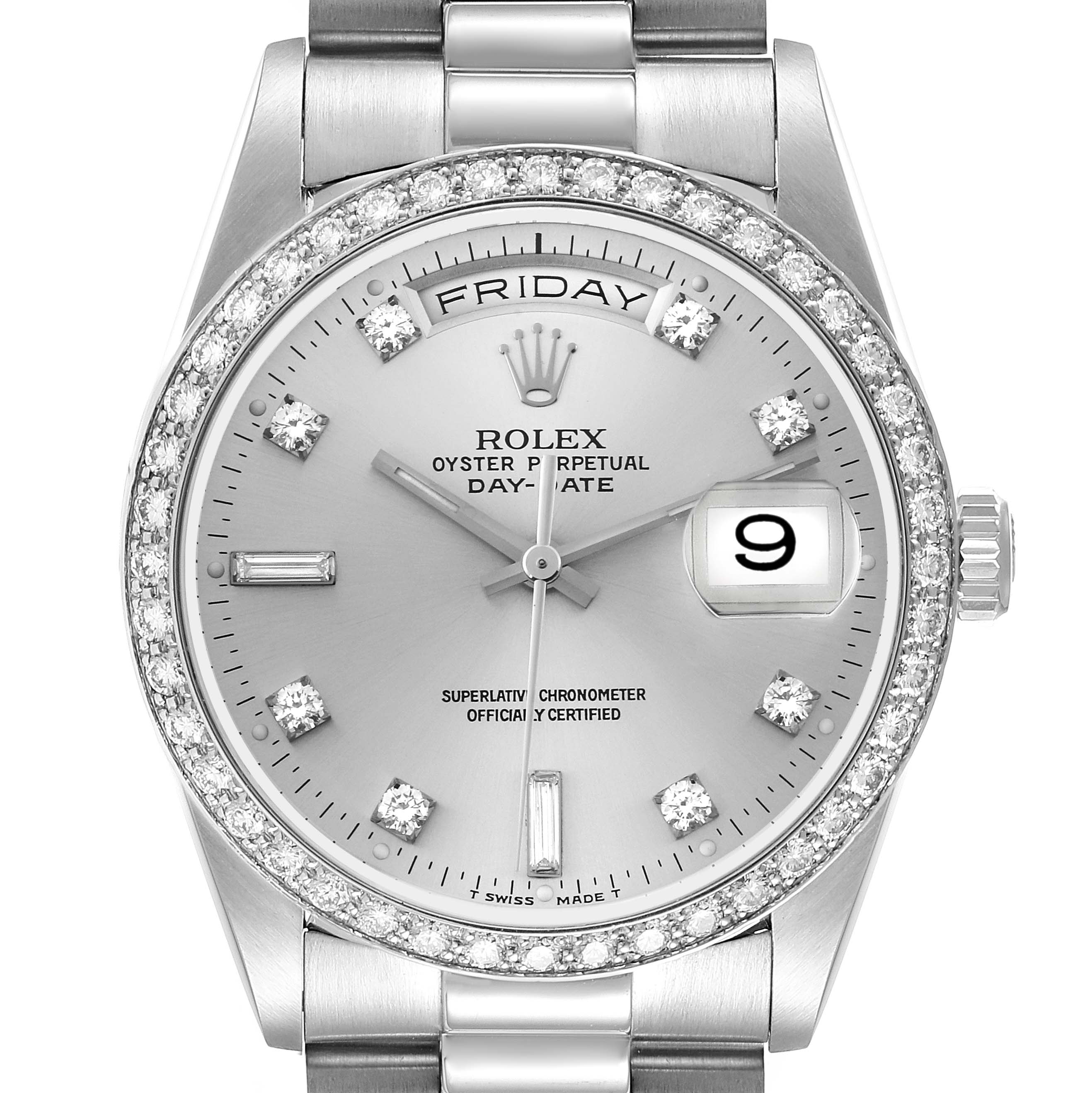 The Rolex President 18346 Men's Platinum Silver Dial 18346 Men's Platinum Silver Dial model watch is shown from a top-down angle, highlighting its face, bezel, and part of the strap.