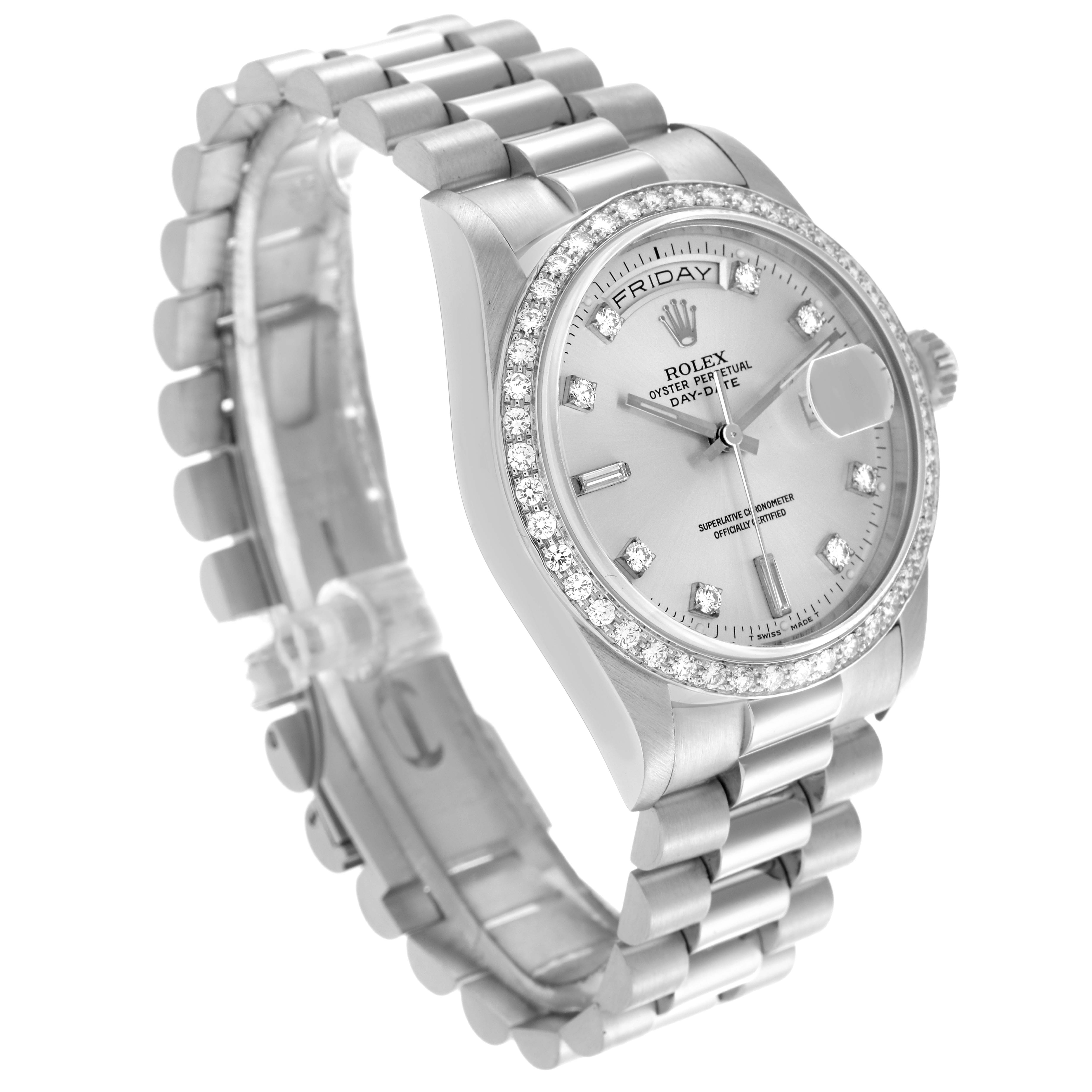 The Rolex President 18346 Men's Platinum Silver Dial 18346 Men's Platinum Silver Dial model watch is shown at a three-quarter angle, highlighting the bracelet, case, bezel, and dial.