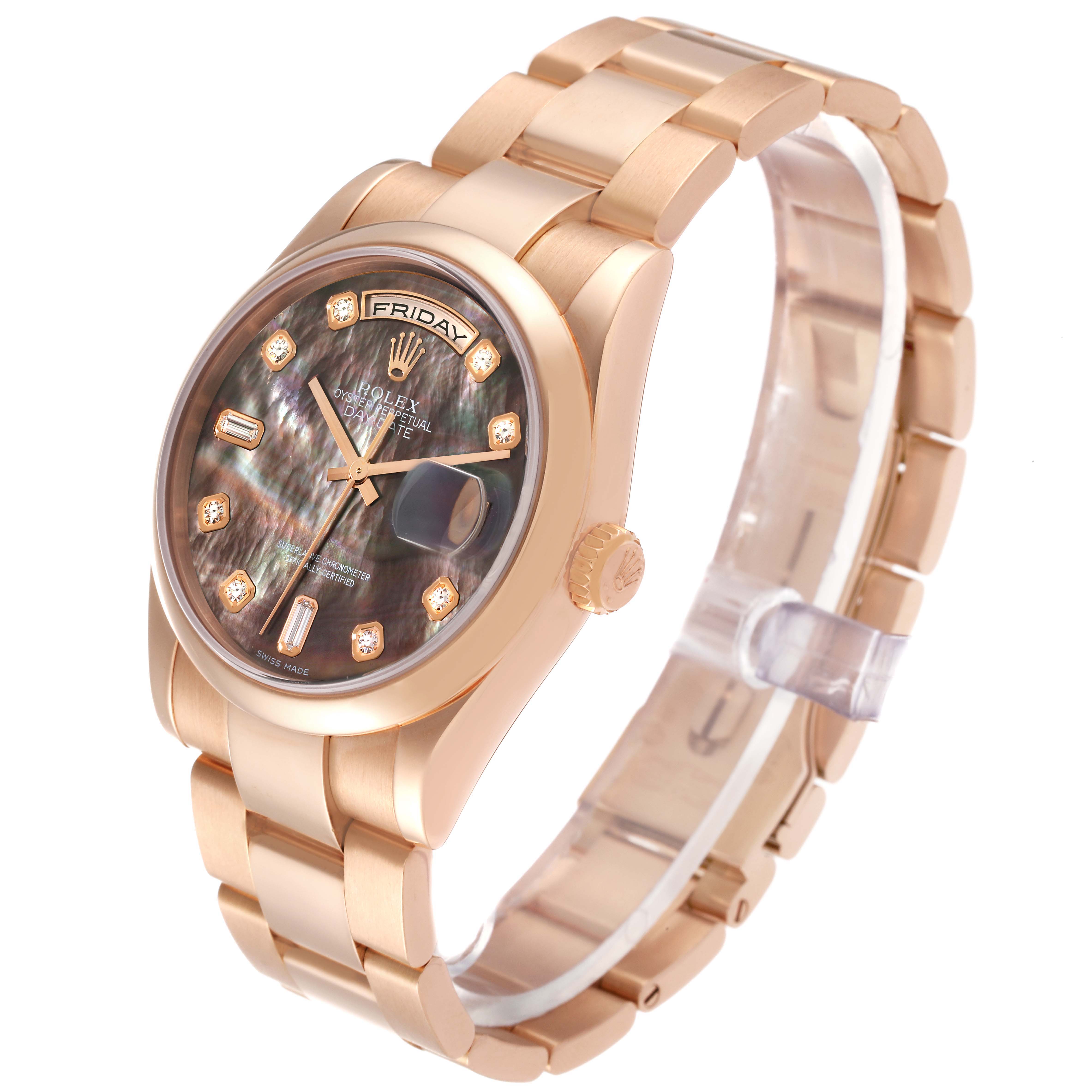 The image shows a Rolex President 118205 Men's Rose Gold Mother of Pearl Dial 118205 Men's Rose Gold Mother of Pearl Dial model watch from an angled side view, highlighting its face, band, and crown.