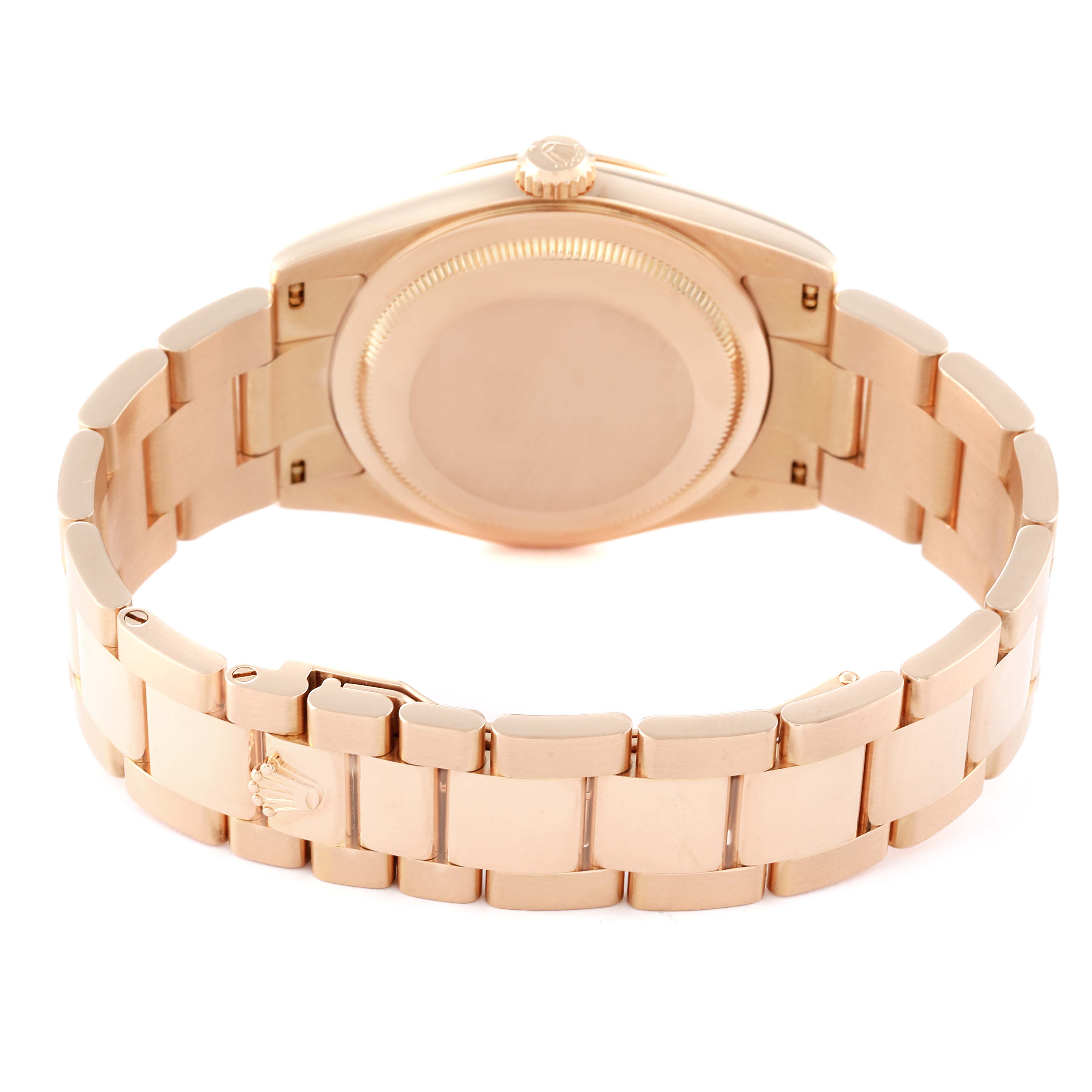 This image shows the back view including the bracelet and clasp of a Rolex President 118205 Men's Rose Gold Mother of Pearl Dial 118205 Men's Rose Gold Mother of Pearl Dial model watch.