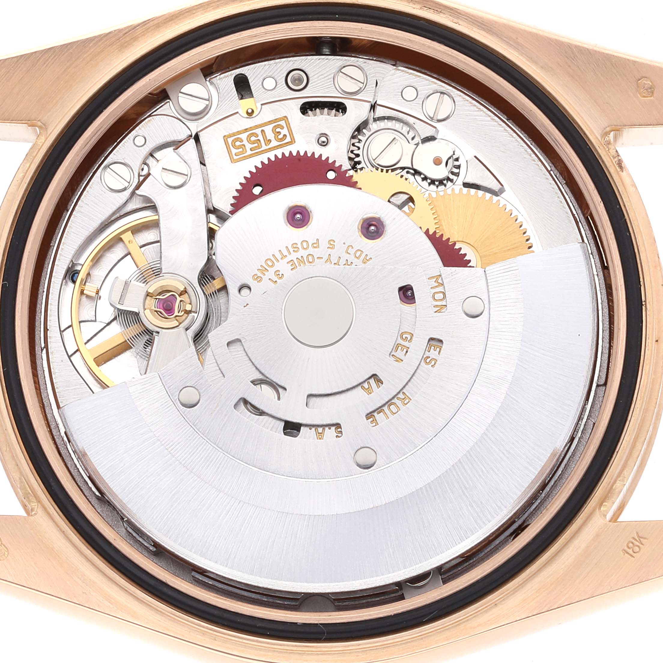 The image shows a close-up of the movement mechanism of a Rolex President 118205 Men's Rose Gold Mother of Pearl Dial 118205 Men's Rose Gold Mother of Pearl Dial model watch, viewed from the back.