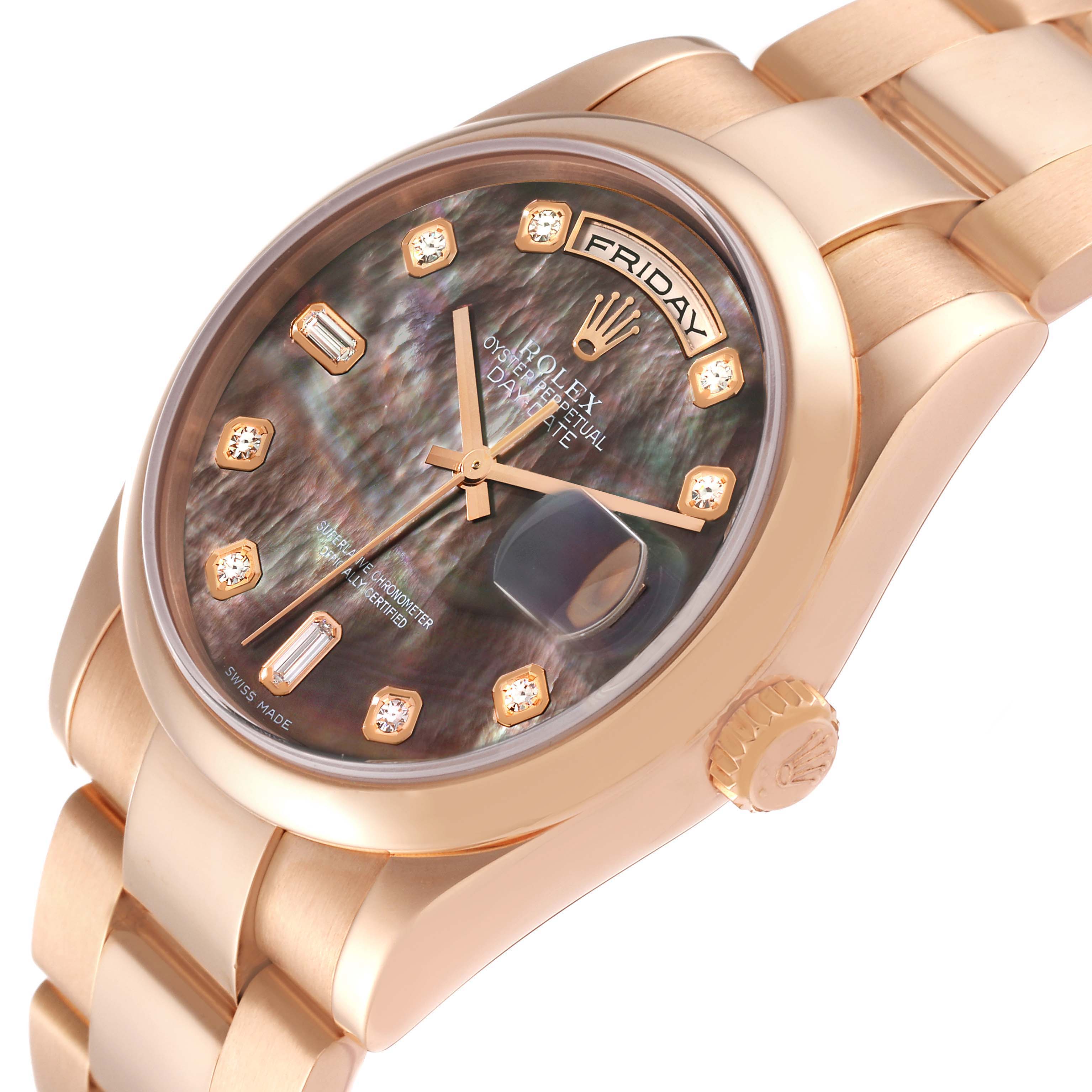 The image shows a side angle view of a Rolex President 118205 Men's Rose Gold Mother of Pearl Dial 118205 Men's Rose Gold Mother of Pearl Dial model watch, highlighting its face, band, and crown.