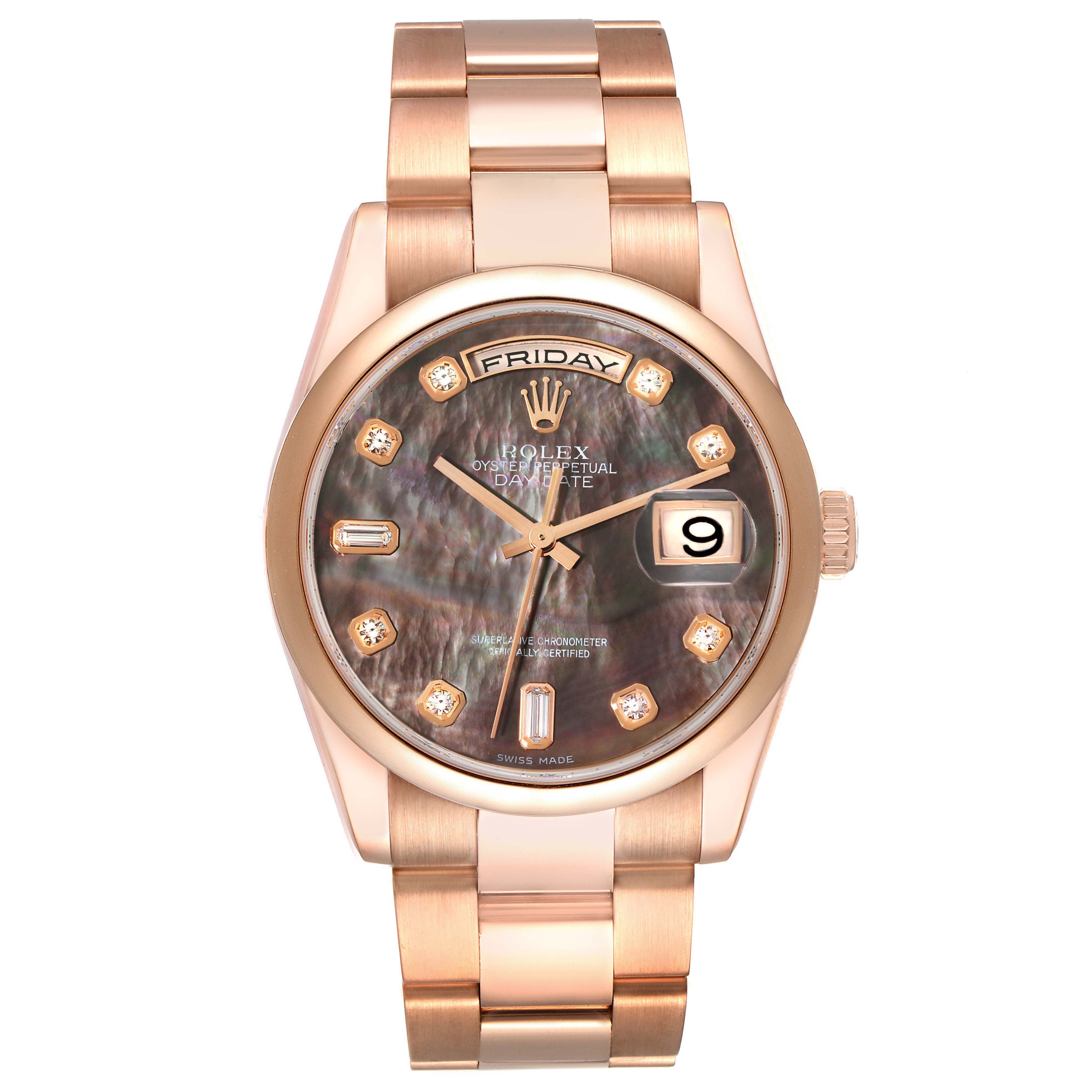 The image shows a frontal view of a Rolex President 118205 Men's Rose Gold Mother of Pearl Dial 118205 Men's Rose Gold Mother of Pearl Dial model watch, displaying its dial, bracelet, and crown.