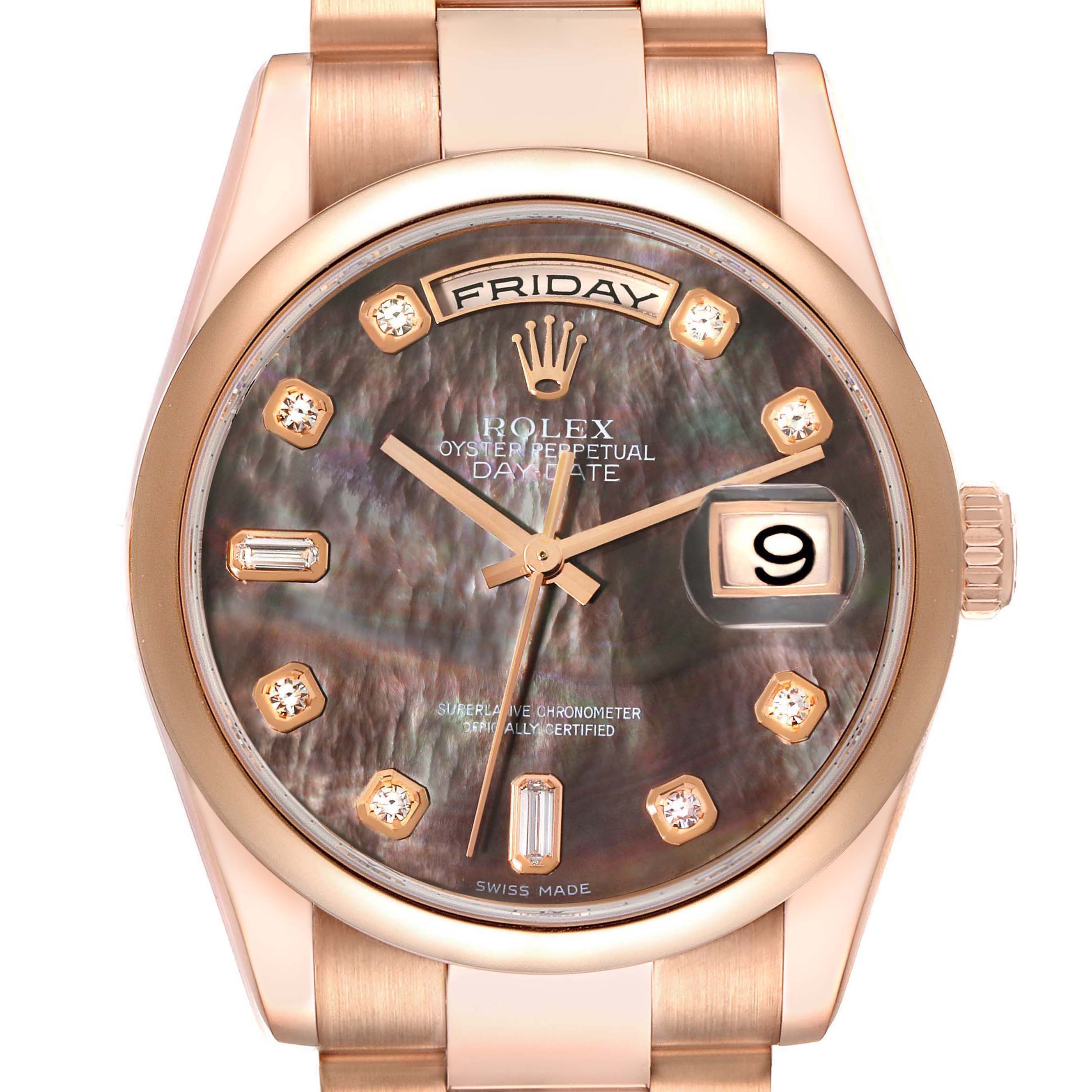 The Rolex President 118205 Men's Rose Gold Mother of Pearl Dial 118205 Men's Rose Gold Mother of Pearl Dial model watch is shown from the front, displaying the dial, hands, day, date window, and part of the bracelet.