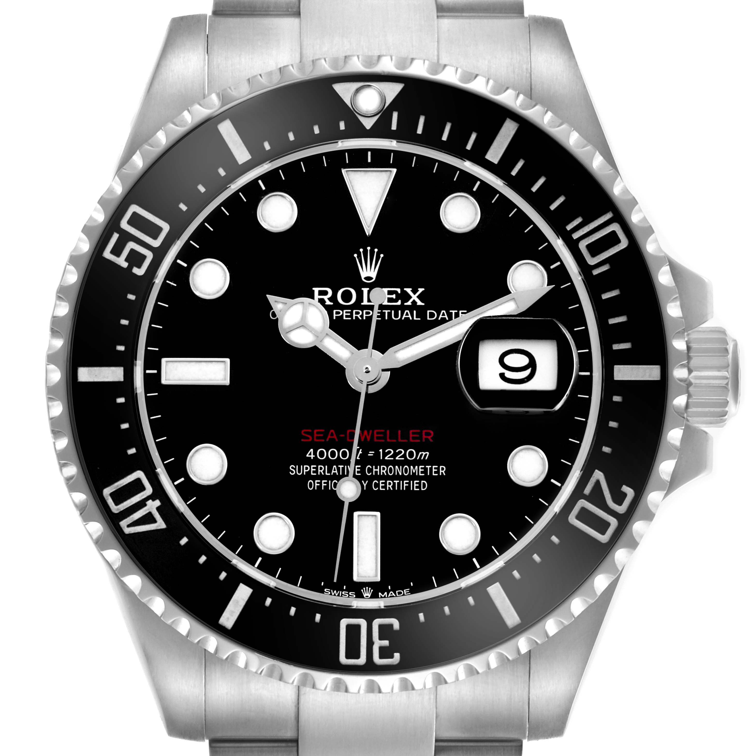 The Rolex Sea-Dweller 126600 Men's Stainless Steel Black Dial 126600 Men's Stainless Steel Black Dial watch is shown from the front, featuring its black dial, bezel, luminous markers, and date window.