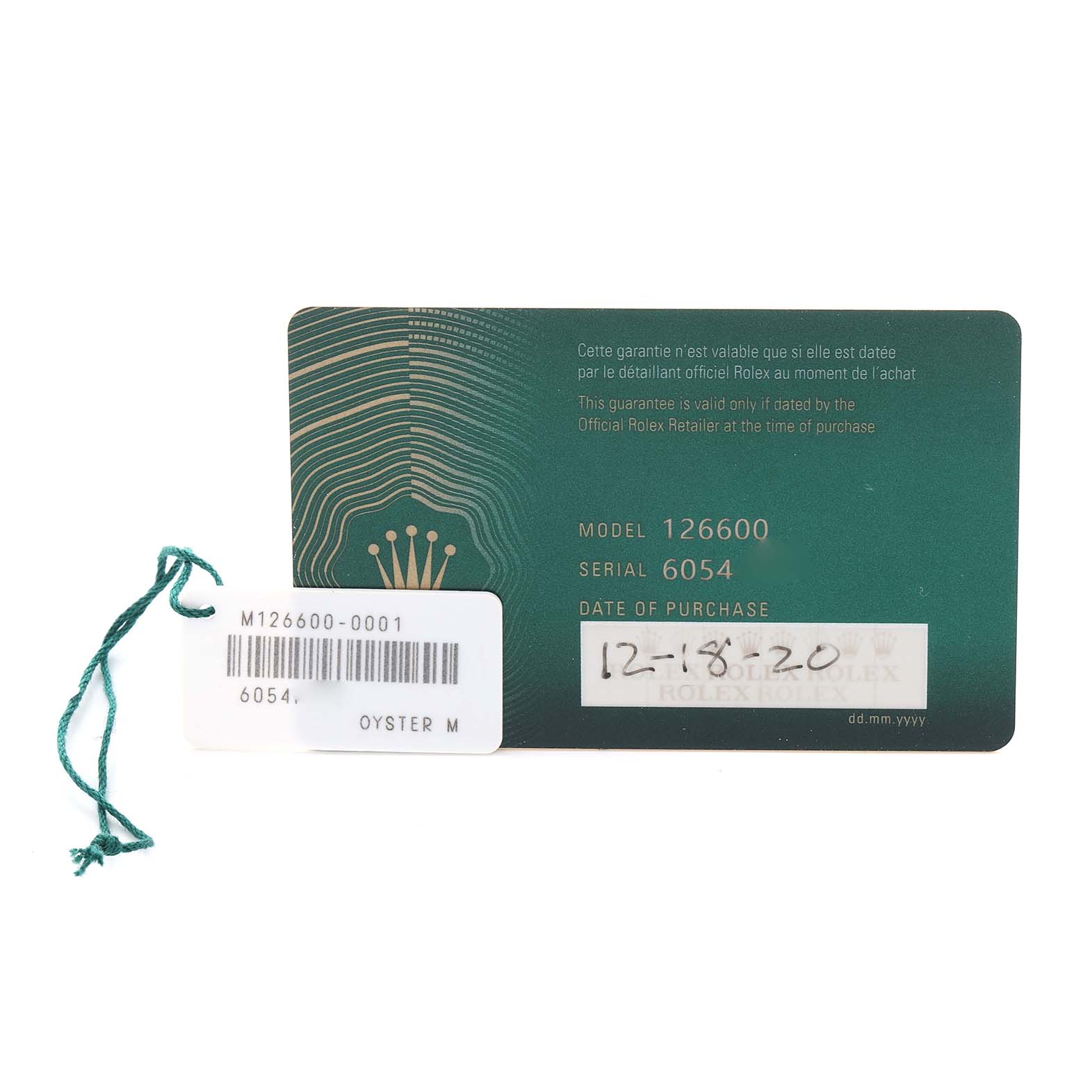 The image shows a warranty card and tag for the Rolex Sea-Dweller 126600 Men's Stainless Steel Black Dial 126600 Men's Stainless Steel Black Dial, model 126600.