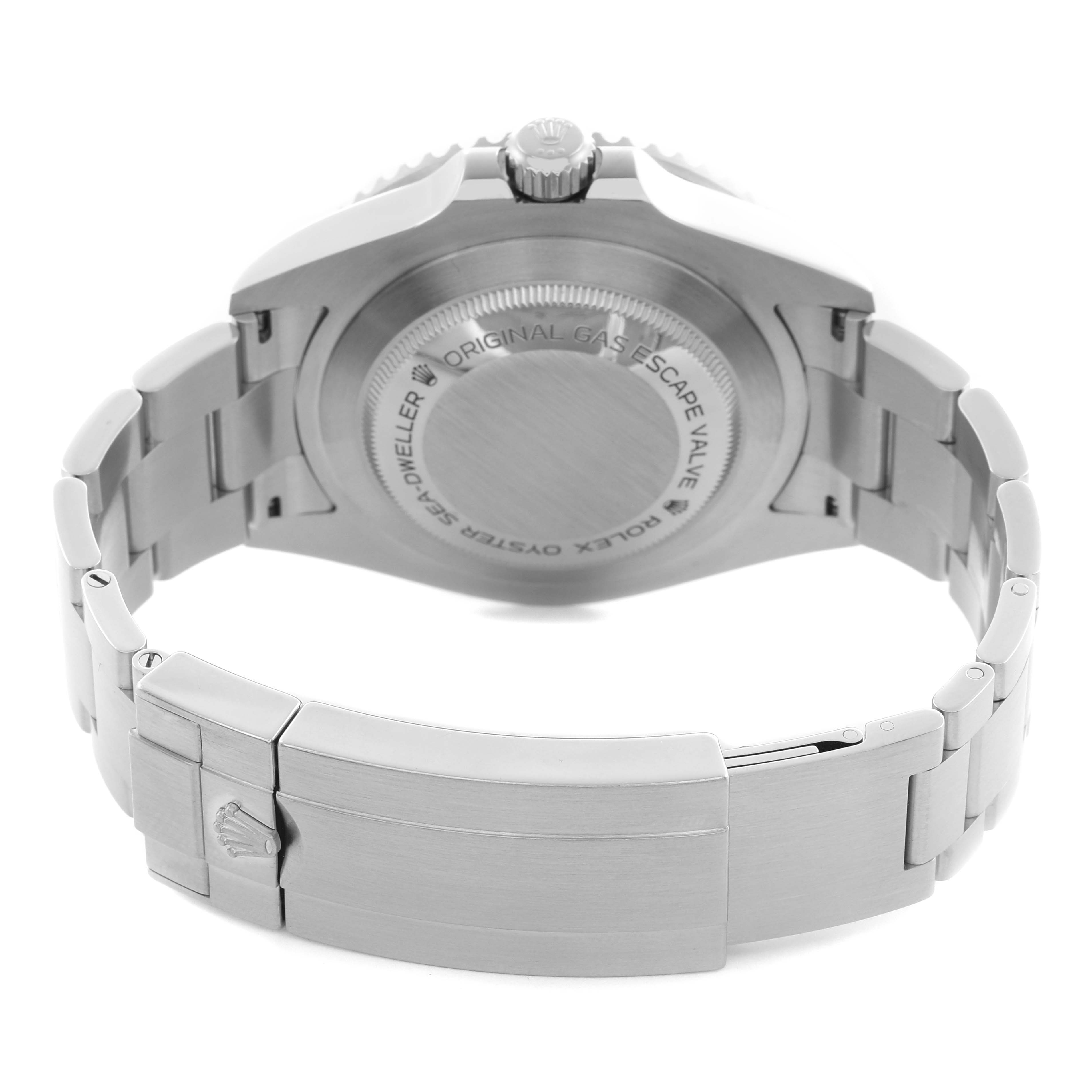 The image shows the back view of a Rolex Sea-Dweller 126600 Men's Stainless Steel Black Dial 126600 Men's Stainless Steel Black Dial, highlighting the case back, bracelet, and clasp.