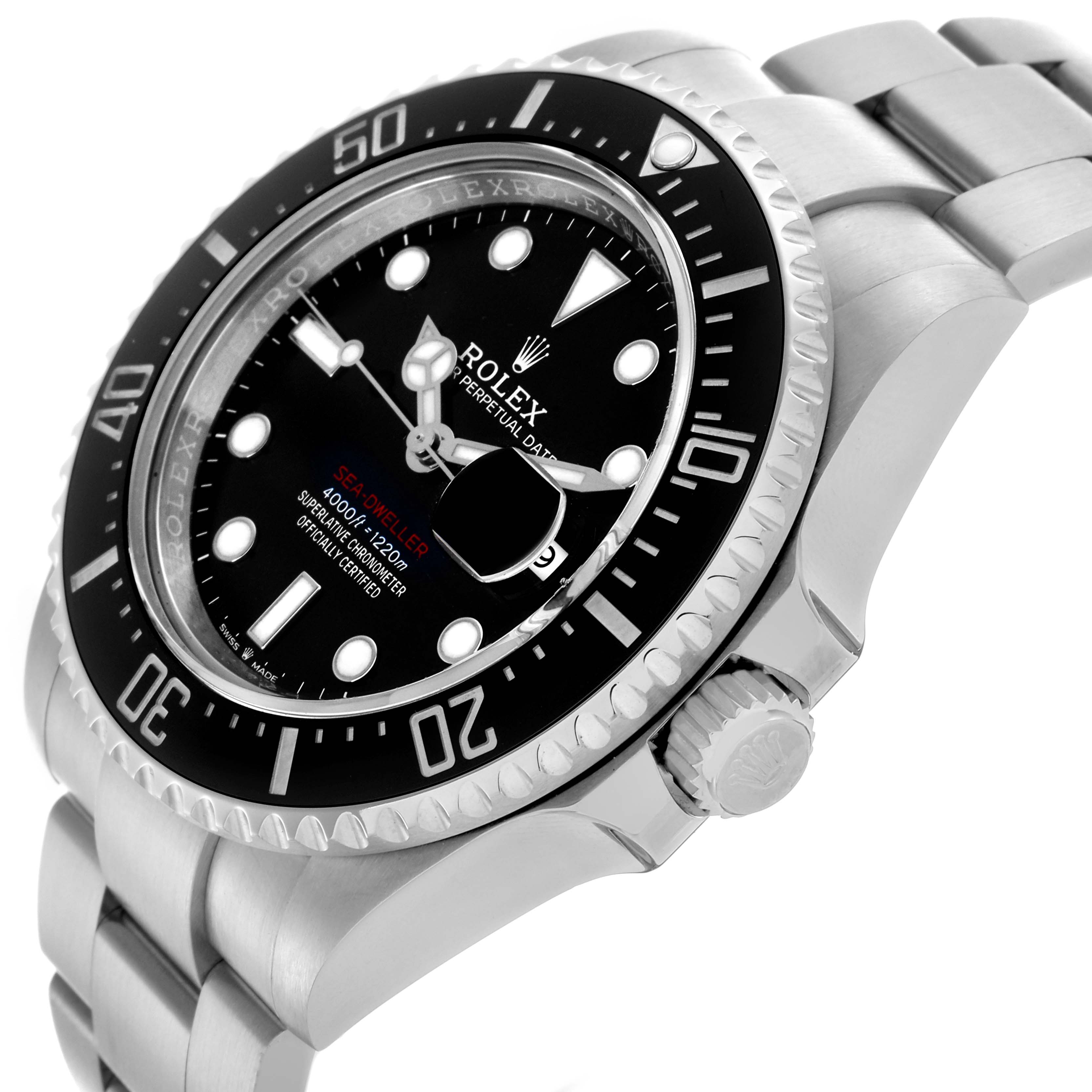 The Rolex Sea-Dweller 126600 Men's Stainless Steel Black Dial 126600 Men's Stainless Steel Black Dial watch is shown at an angle highlighting the face, bezel, crown, and part of the bracelet.