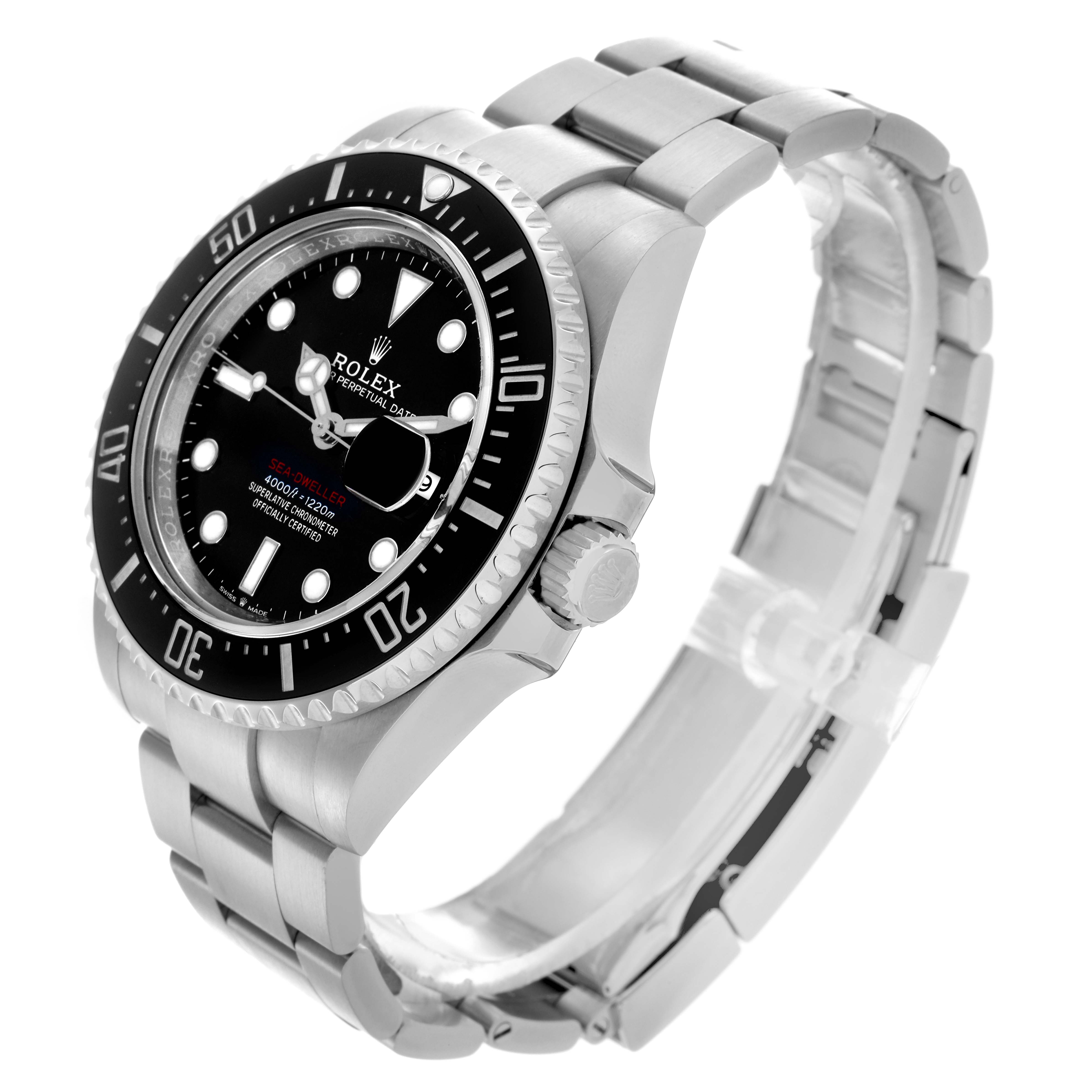 The Rolex Sea-Dweller 126600 Men's Stainless Steel Black Dial 126600 Men's Stainless Steel Black Dial watch is shown at an angle highlighting the face, bezel, crown, and part of the bracelet.