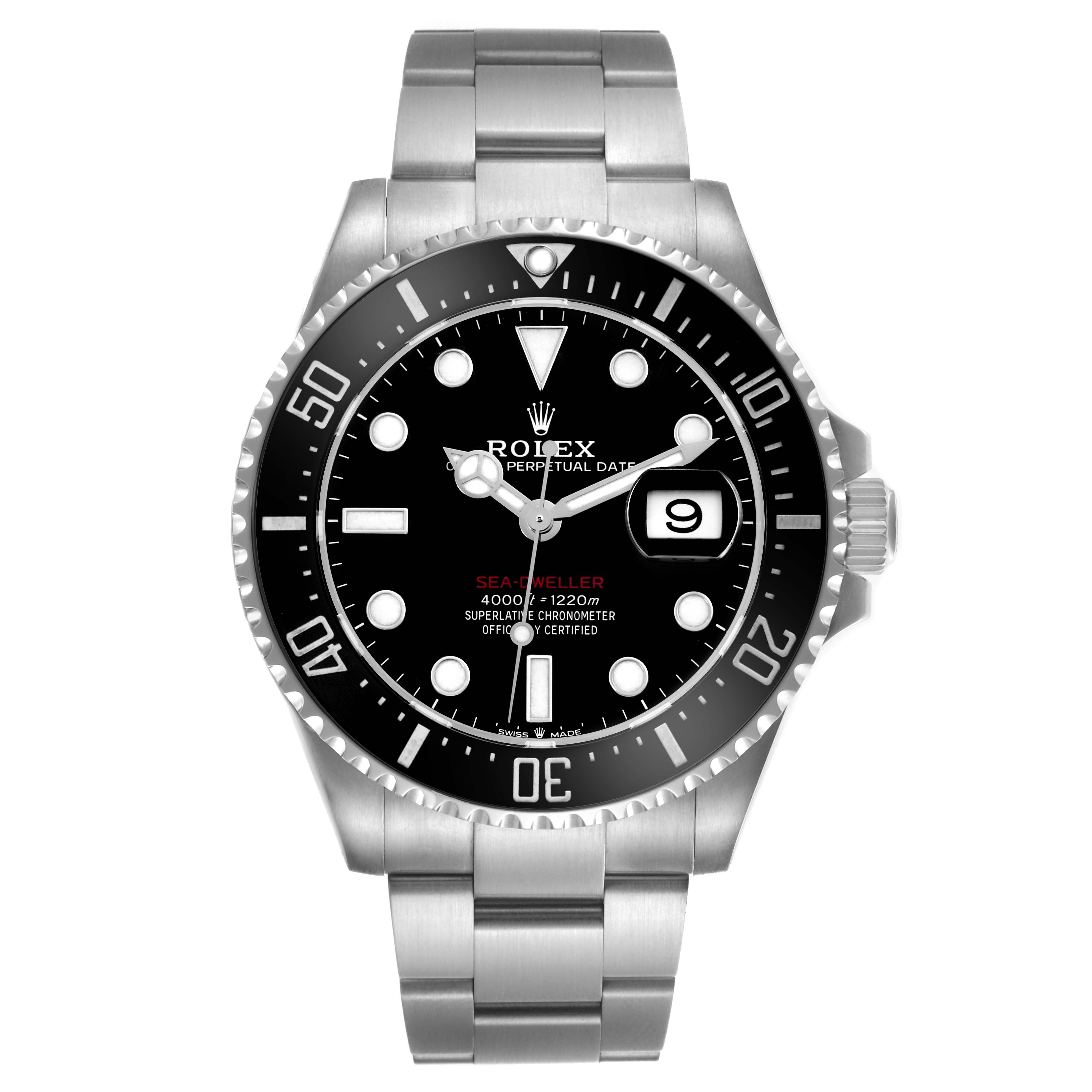 The Rolex Sea-Dweller 126600 Men's Stainless Steel Black Dial 126600 Men's Stainless Steel Black Dial watch is shown from a front angle, displaying the dial, bezel, and metal bracelet in full view.