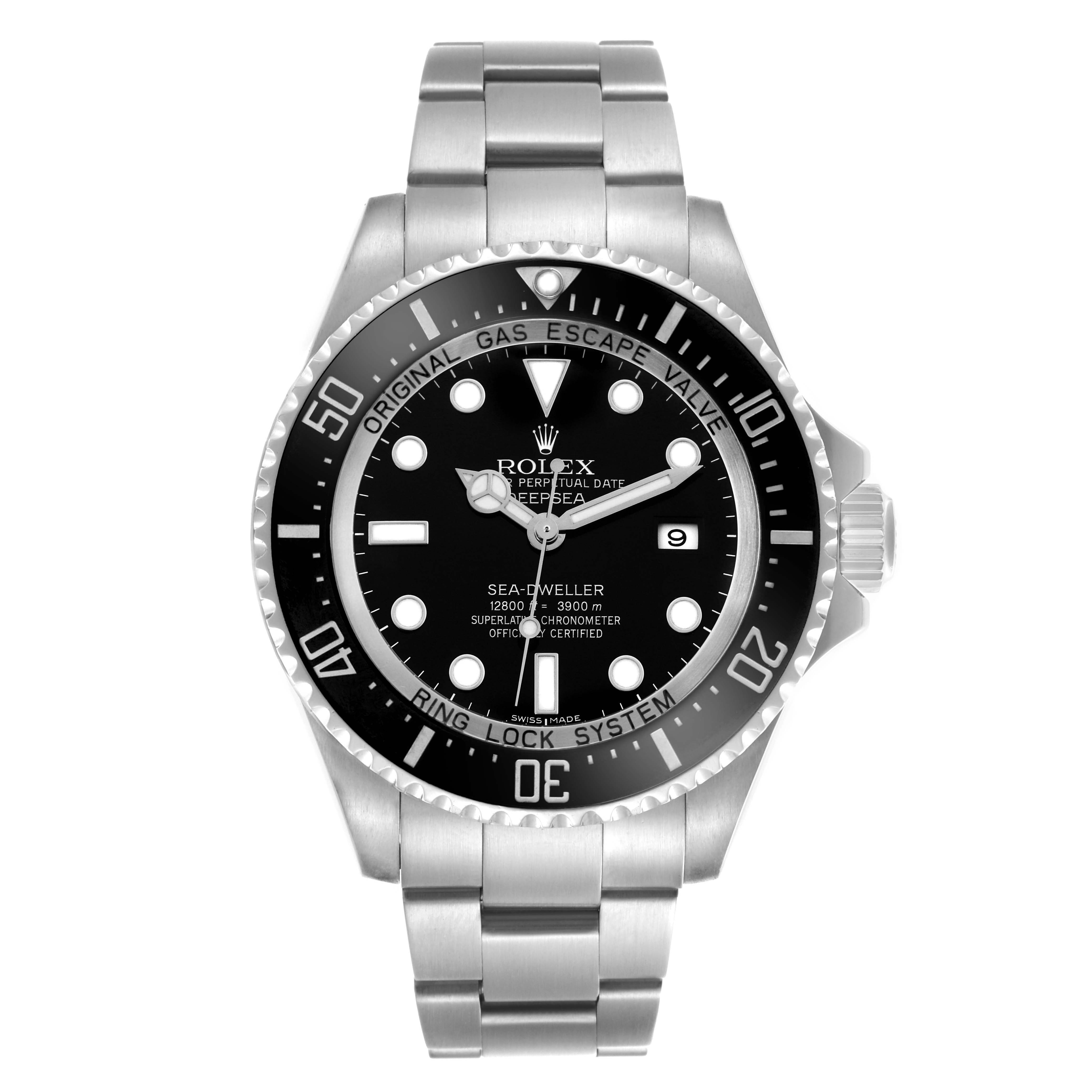 The Rolex Sea-Dweller 116660 Men's Stainless Steel Black Dial 116660 Men's Stainless Steel Black Dial watch is shown from the front, displaying the dial, bezel, bracelet, and crown.
