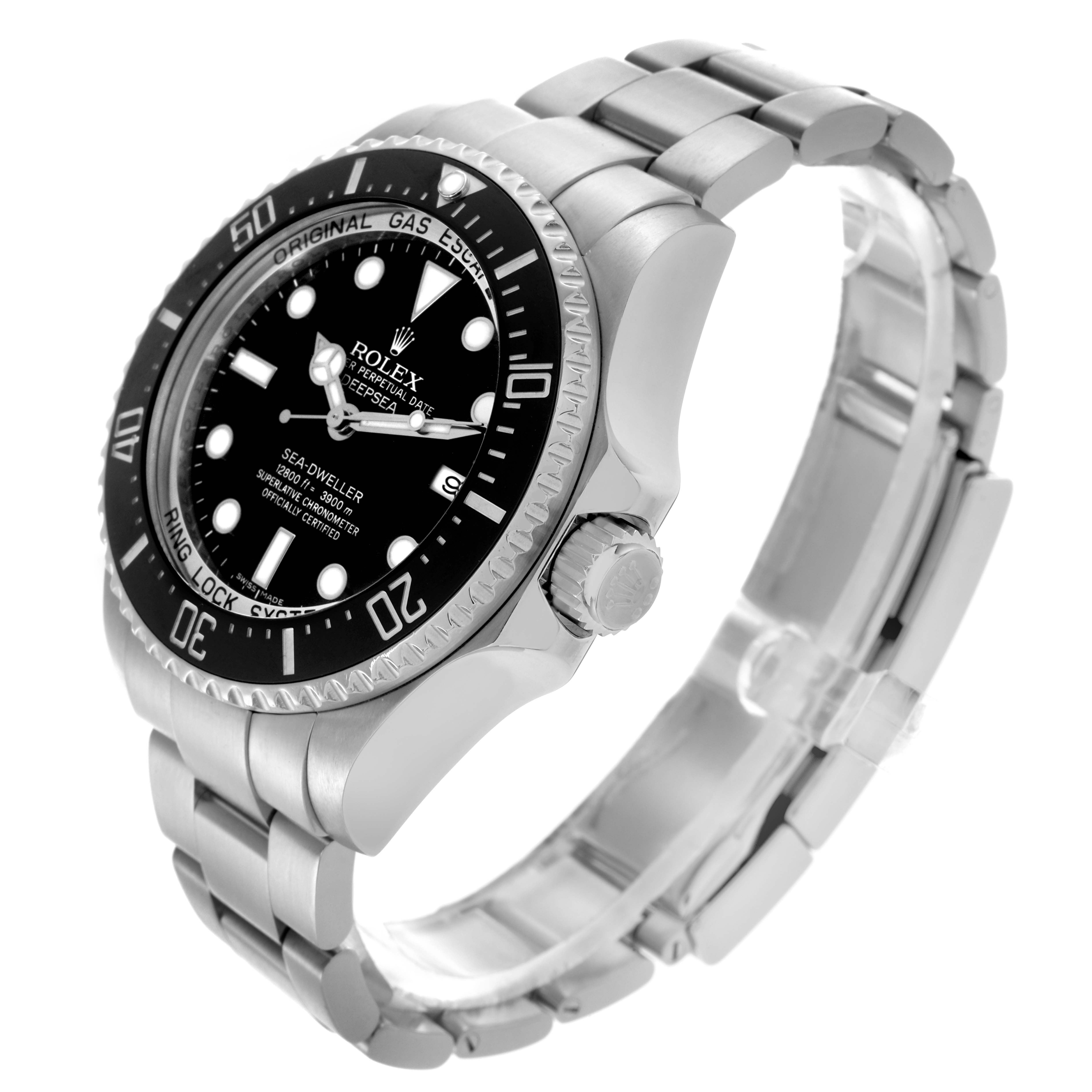 The Rolex Sea-Dweller 116660 Men's Stainless Steel Black Dial 116660 Men's Stainless Steel Black Dial watch is shown at a three-quarter angle, highlighting its bezel, crown, and stainless steel bracelet.