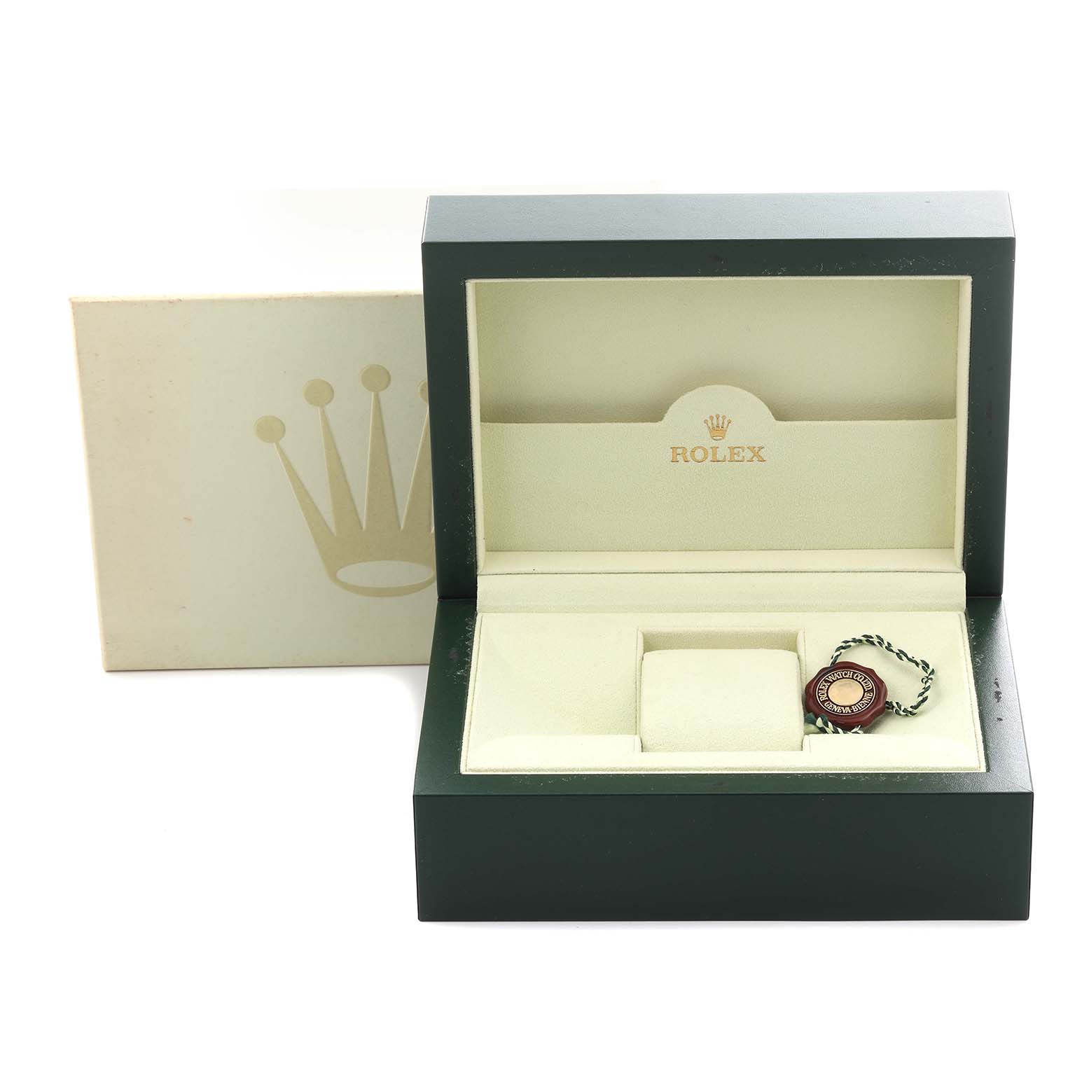 The image shows an open Rolex Sea-Dweller 116660 Men's Stainless Steel Black Dial 116660 Men's Stainless Steel Black Dial box at an angle, revealing compartments and a hanging tag inside.