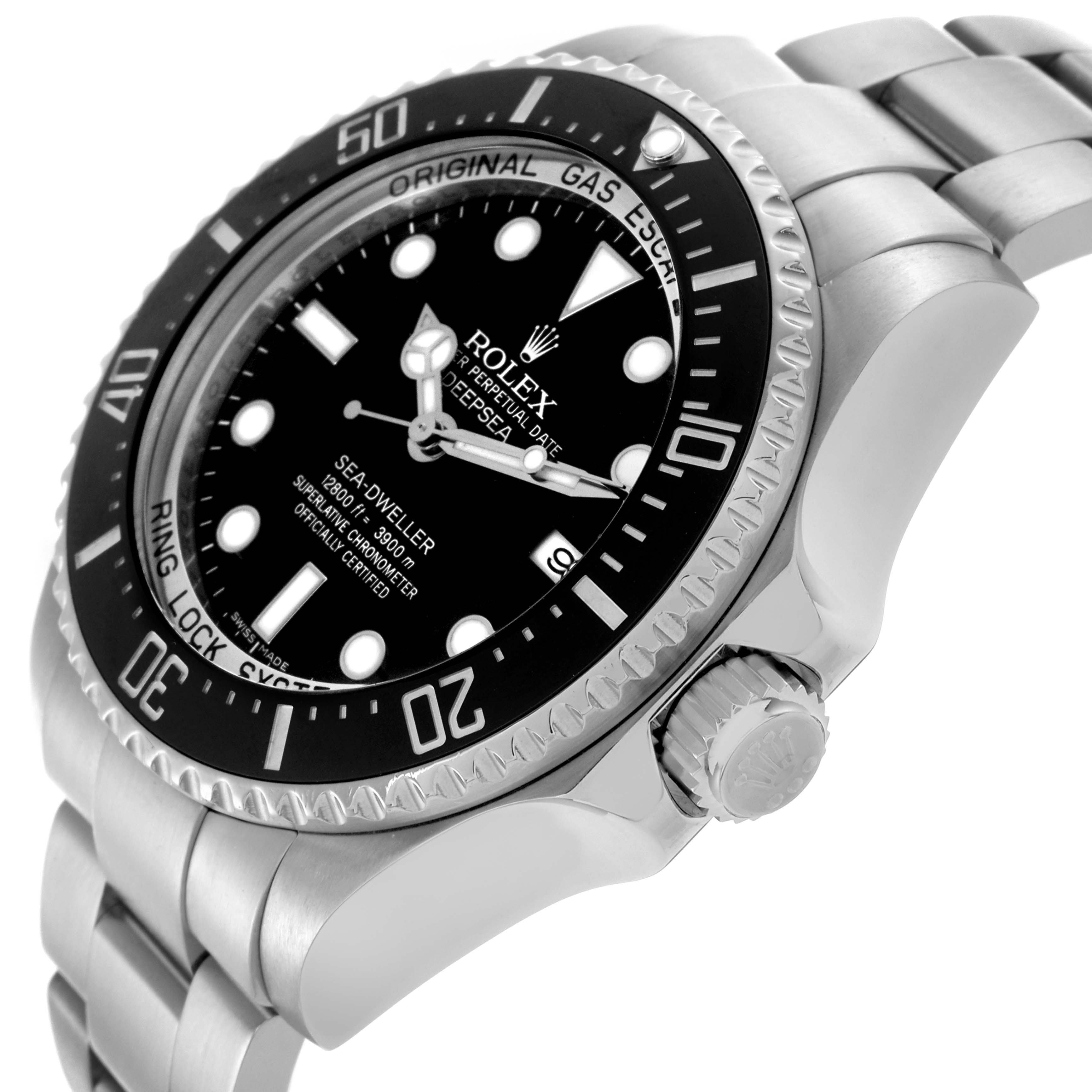 The Rolex Sea-Dweller 116660 Men's Stainless Steel Black Dial 116660 Men's Stainless Steel Black Dial watch is shown at a side angle, highlighting the bezel, crown, dial, and part of the bracelet.