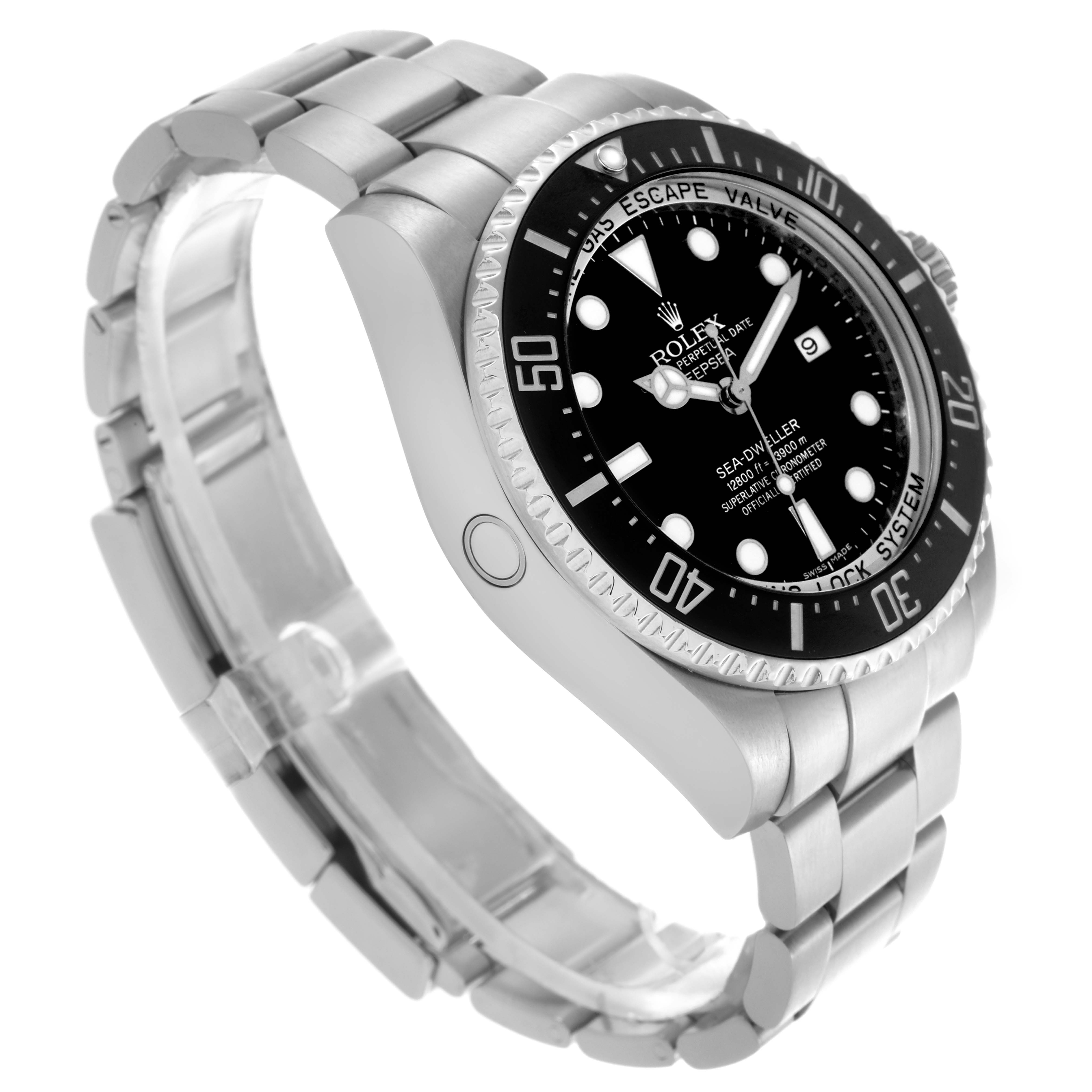 The Rolex Sea-Dweller 116660 Men's Stainless Steel Black Dial 116660 Men's Stainless Steel Black Dial watch is shown at a three-quarter angle, highlighting its bezel, crown, and bracelet.