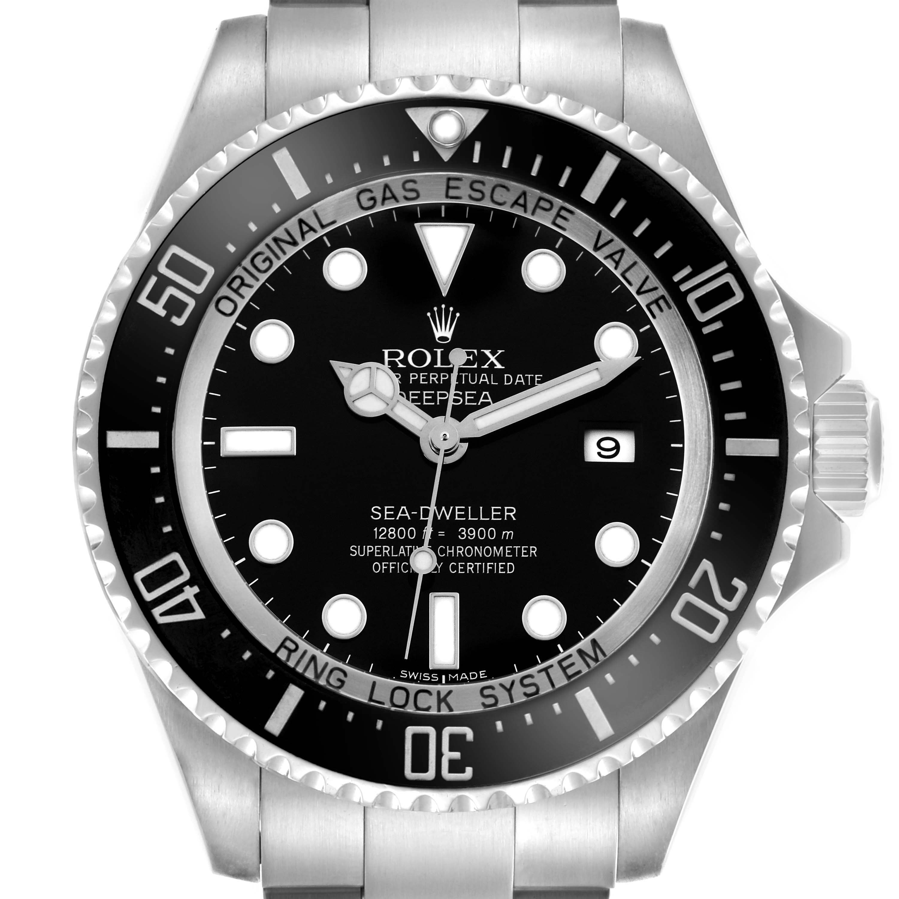 The image shows a frontal view of a Rolex Sea-Dweller 116660 Men's Stainless Steel Black Dial 116660 Men's Stainless Steel Black Dial watch, highlighting the dial, bezel, and part of the bracelet.