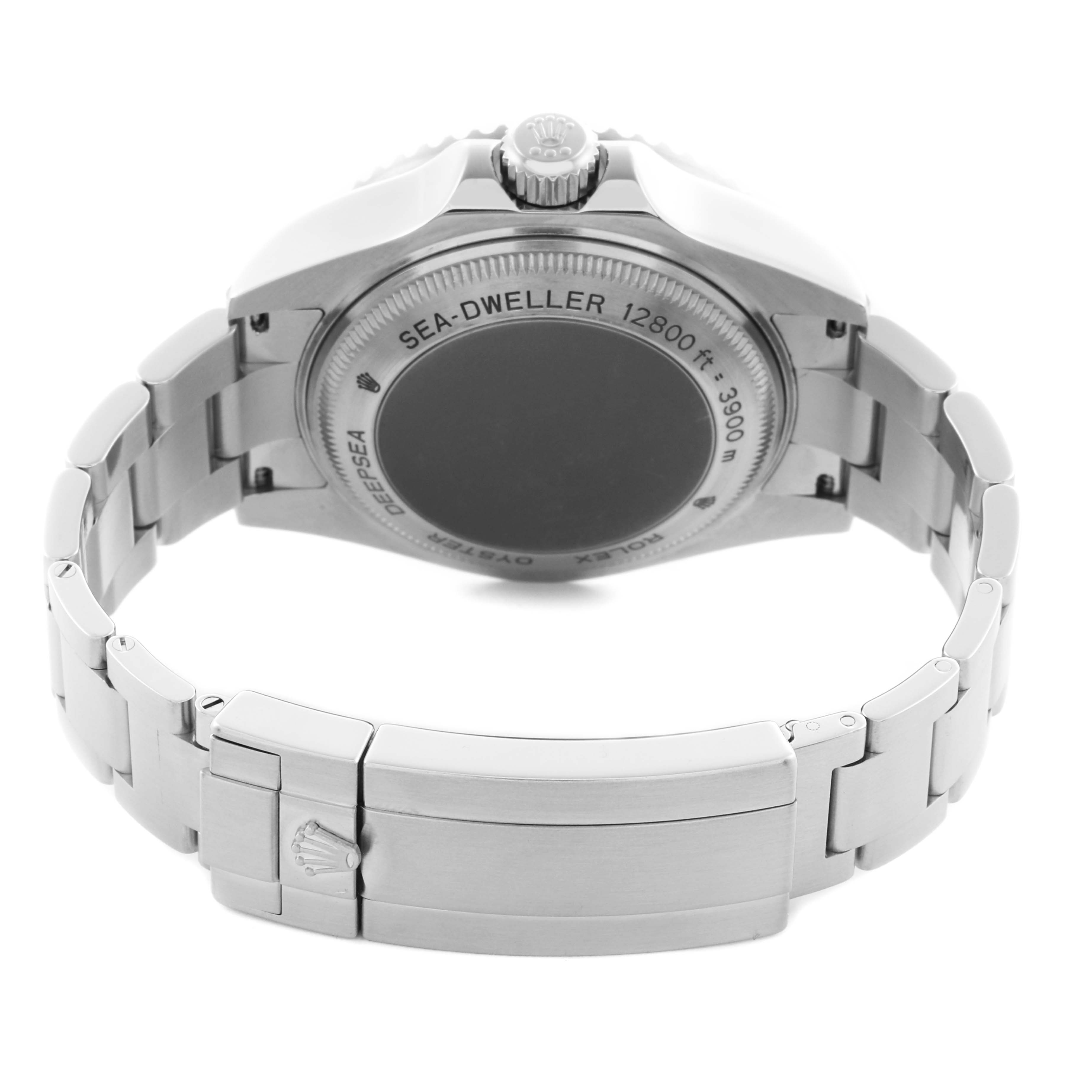 The image shows the back and bracelet of a Rolex Sea-Dweller 116660 Men's Stainless Steel Black Dial 116660 Men's Stainless Steel Black Dial watch, highlighting the clasp and case back.