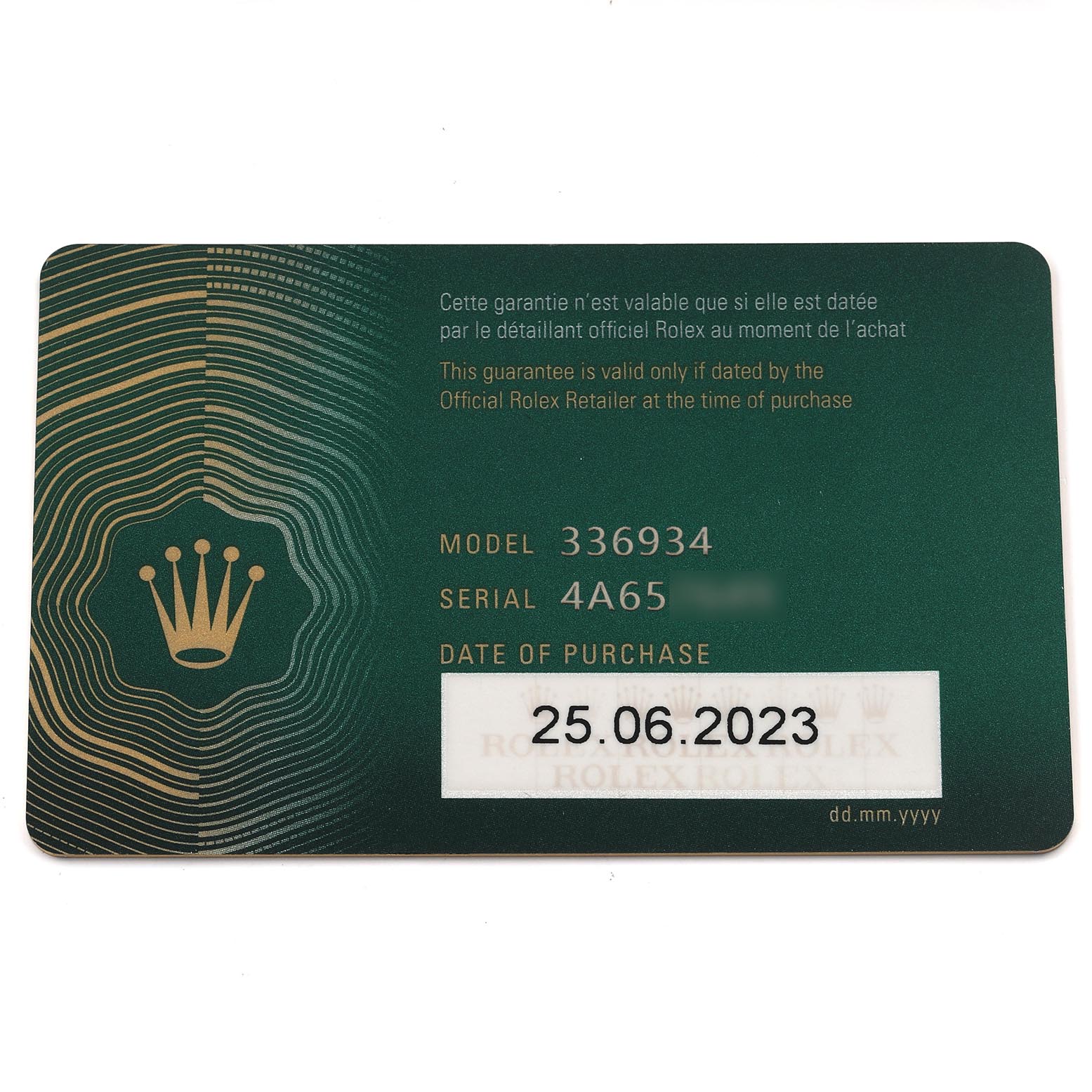 The image shows a warranty card for the Rolex Sky-Dweller 336934 Men's Stainless Steel Green Dial 336934 Men's Stainless Steel Green Dial, featuring model and serial numbers.