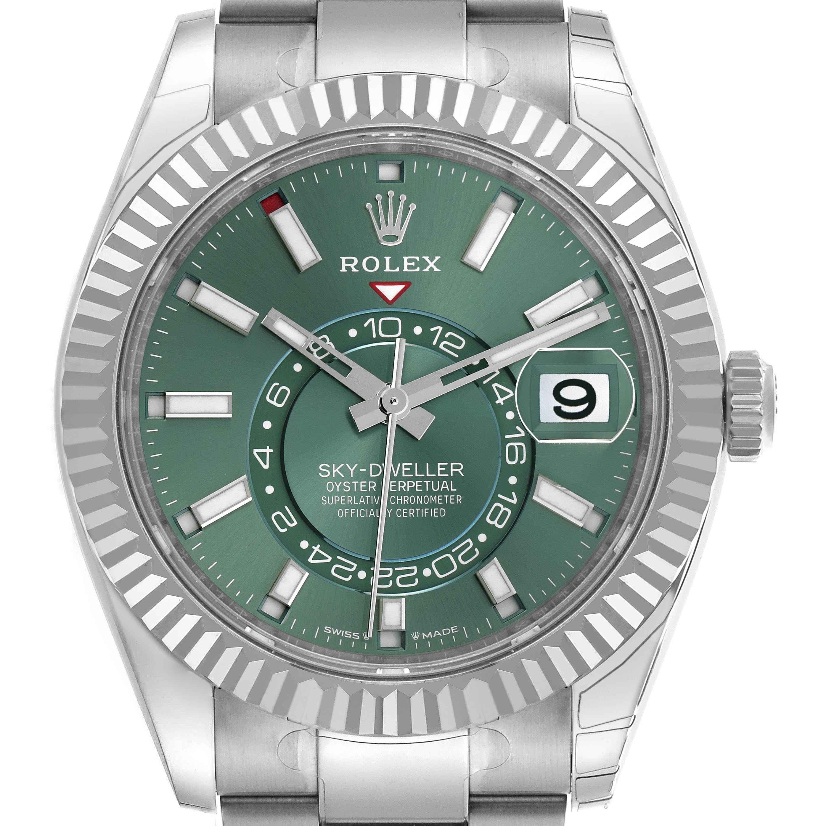 The image shows a front view of a Rolex Sky-Dweller 336934 Men's Stainless Steel Green Dial 336934 Men's Stainless Steel Green Dial watch, highlighting its green dial, fluted bezel, and bracelet.