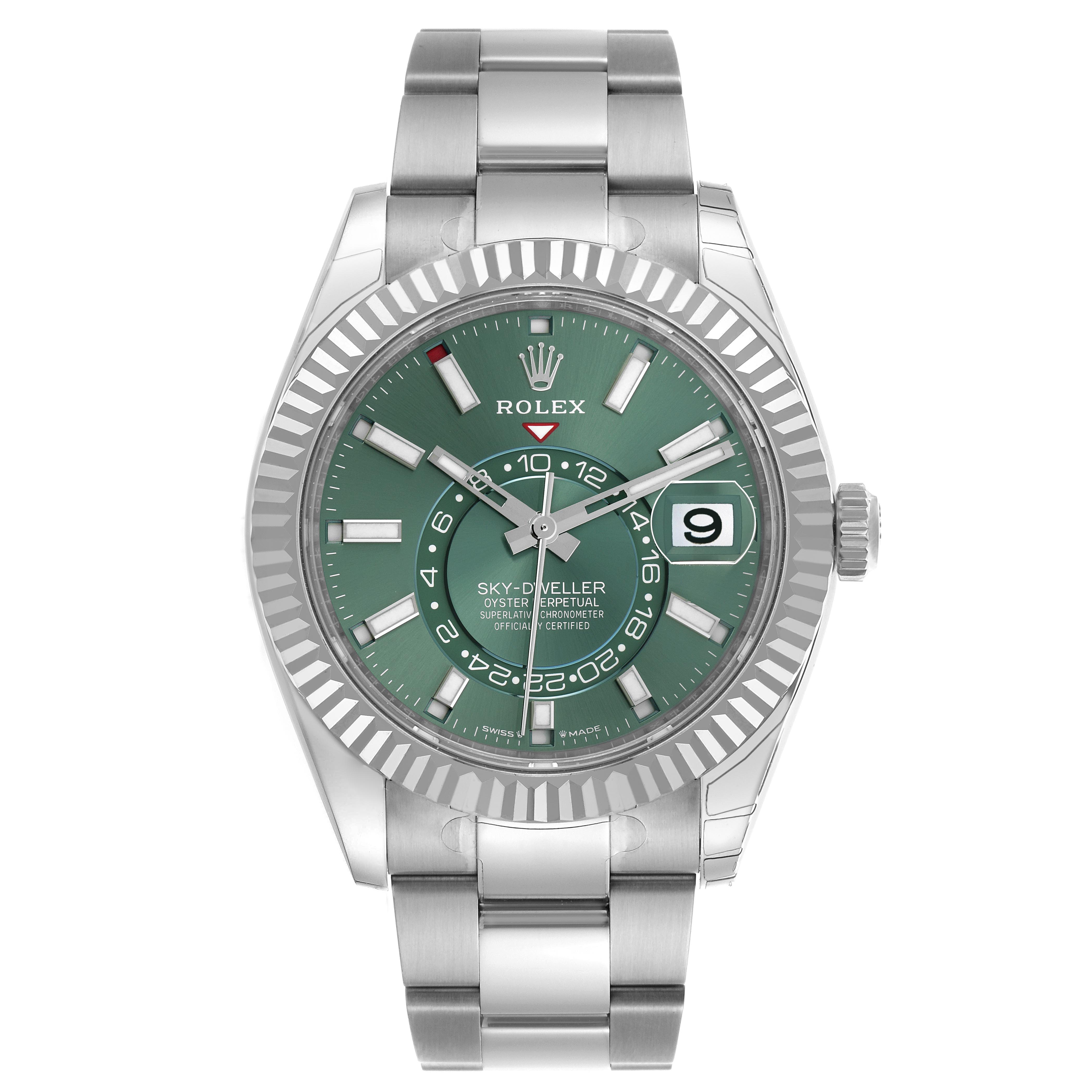 The Rolex Sky-Dweller 336934 Men's Stainless Steel Green Dial 336934 Men's Stainless Steel Green Dial watch is shown from the front, displaying the dial, bezel, bracelet, and crown.