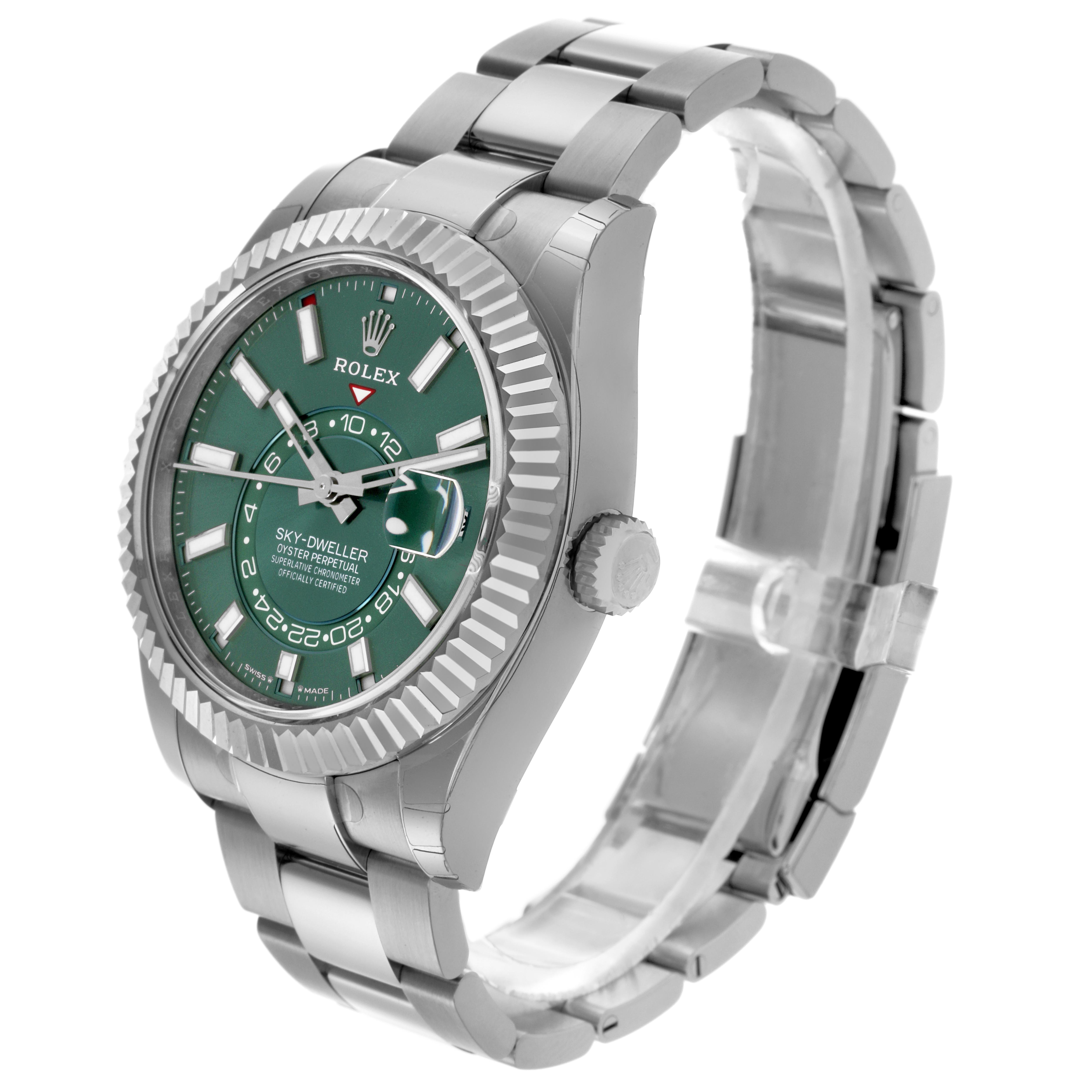 The Rolex Sky-Dweller 336934 Men's Stainless Steel Green Dial 336934 Men's Stainless Steel Green Dial watch is shown at a three-quarter angle, displaying the face, bezel, crown, and bracelet.