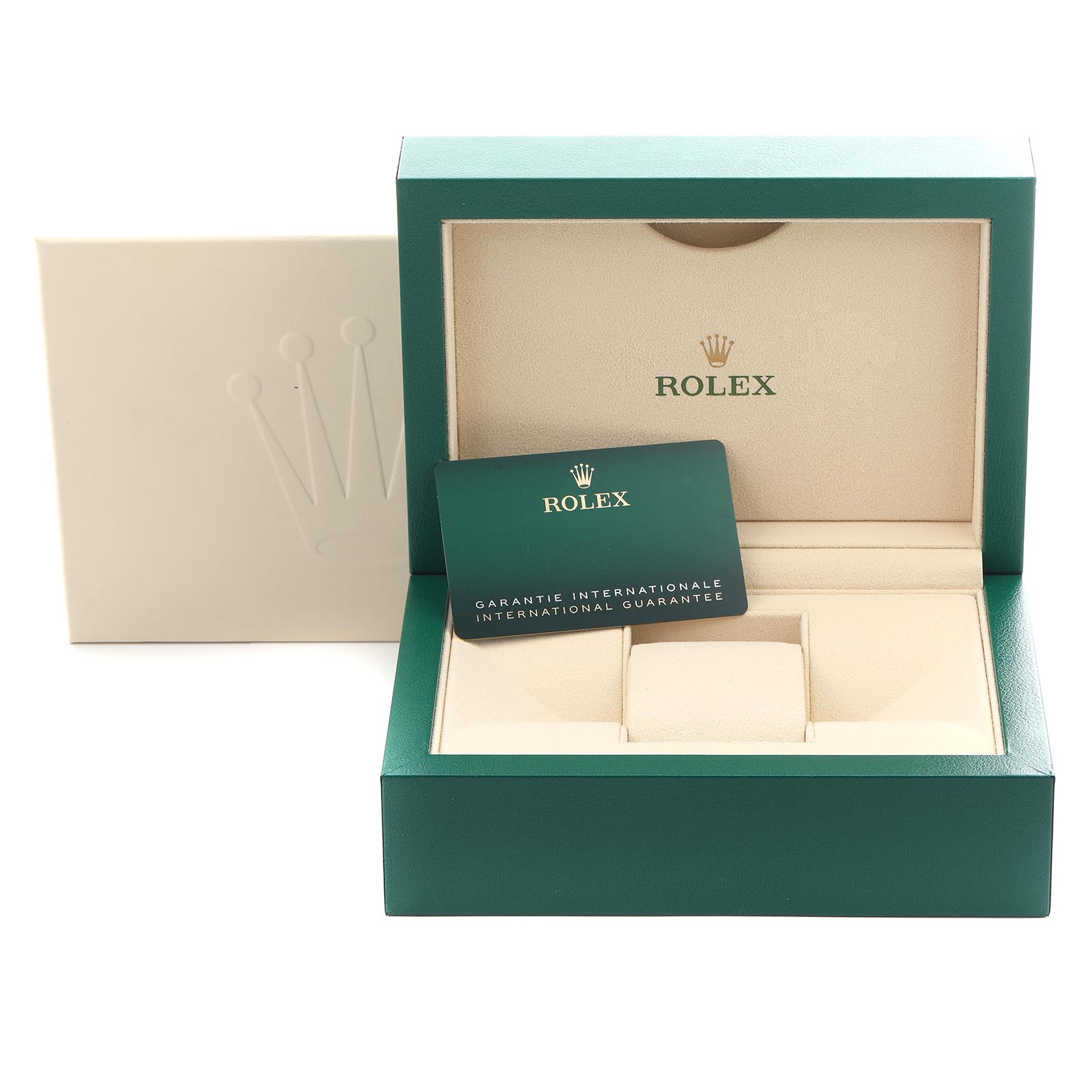 The image shows a Rolex Sky-Dweller 336934 Men's Stainless Steel Green Dial 336934 Men's Stainless Steel Green Dial watch box with an international guarantee card, viewed from the front.