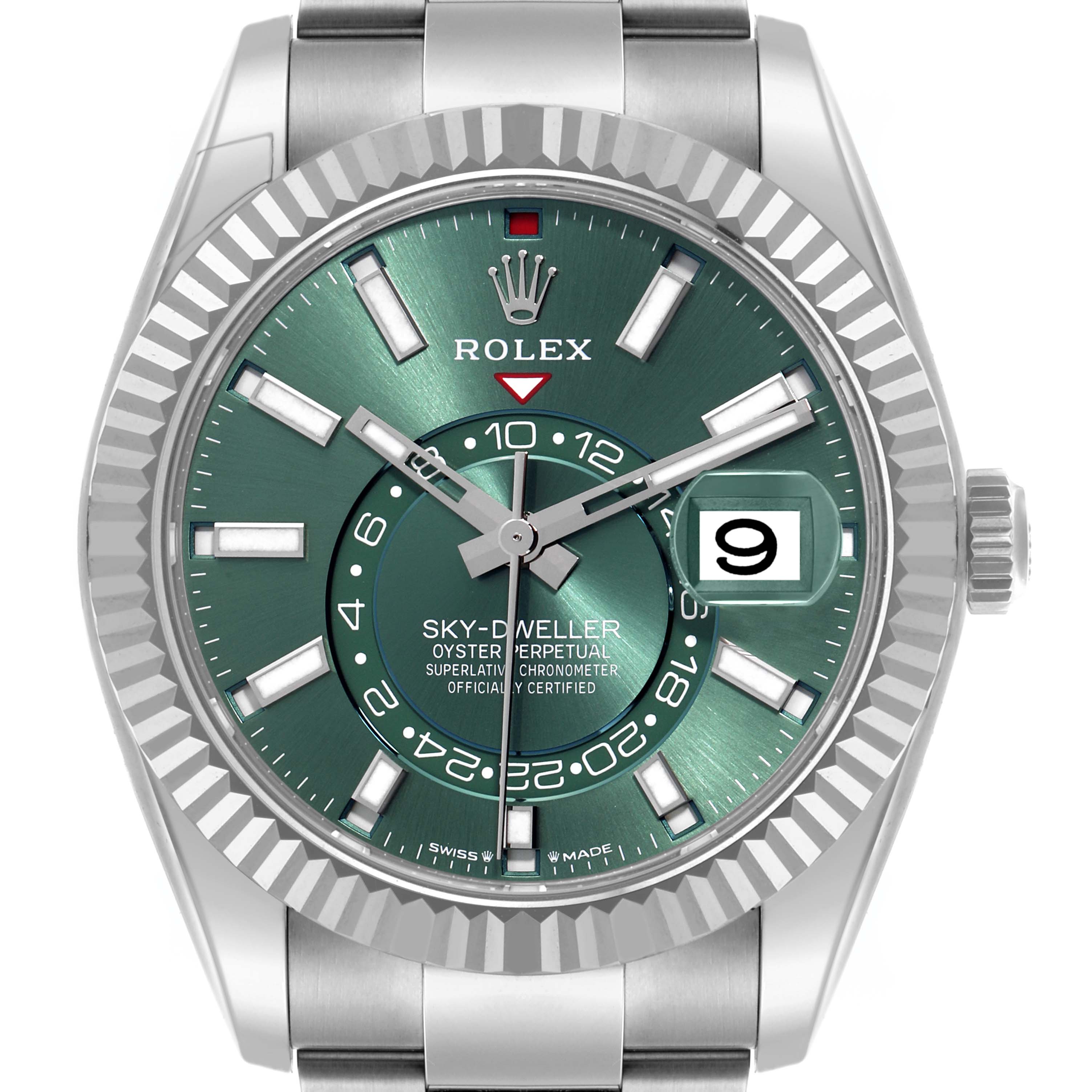The Rolex Sky-Dweller 336934 Men's Stainless Steel Green Dial 336934 Men's Stainless Steel Green Dial watch is shown from the front, displaying its green dial, bezel, and date function.