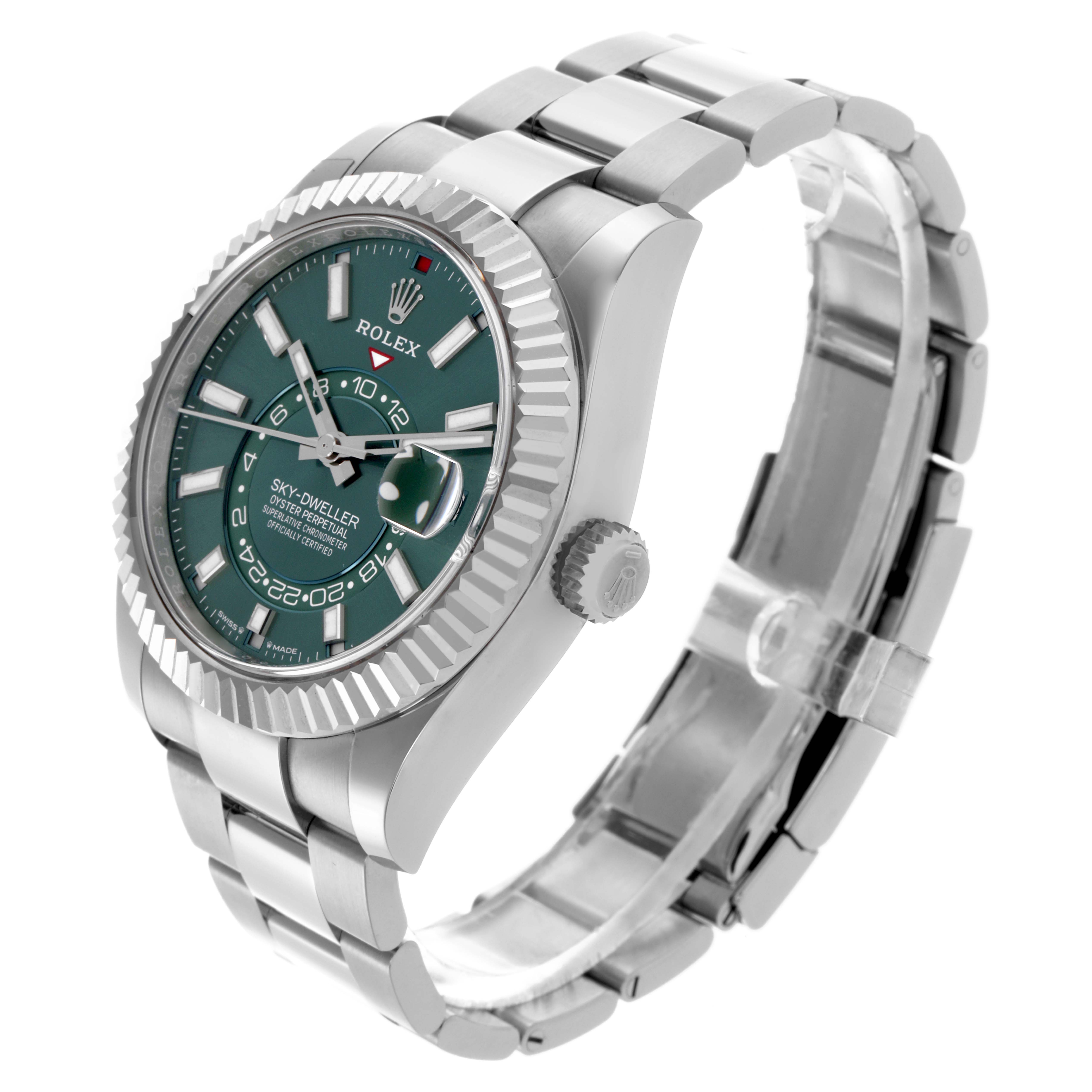 The Rolex Sky-Dweller 336934 Men's Stainless Steel Green Dial 336934 Men's Stainless Steel Green Dial watch is shown at a three-quarter angle, highlighting the dial, bezel, and bracelet.