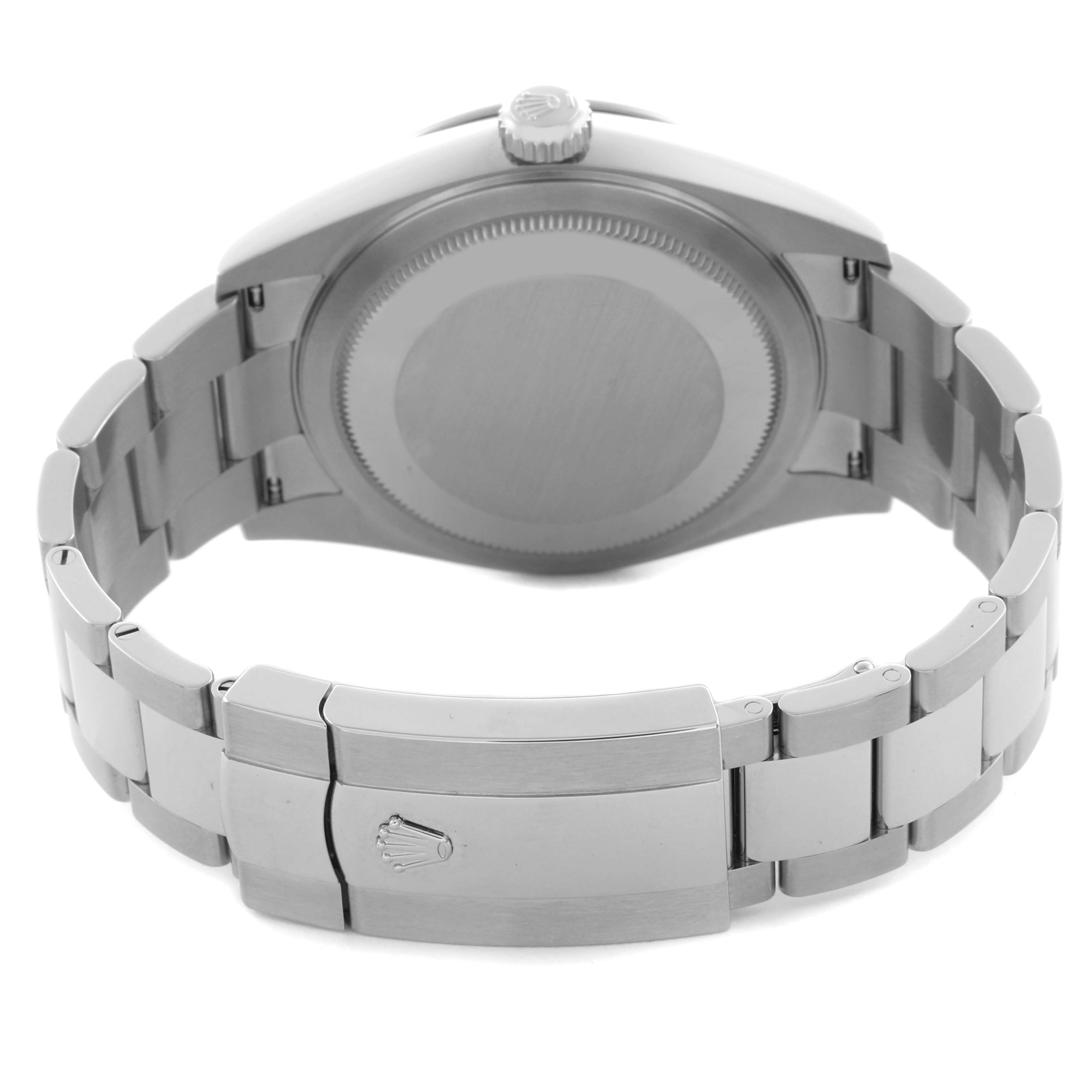 The image shows the back view of a Rolex Sky-Dweller 336934 Men's Stainless Steel Green Dial 336934 Men's Stainless Steel Green Dial with the clasp and bracelet visible.