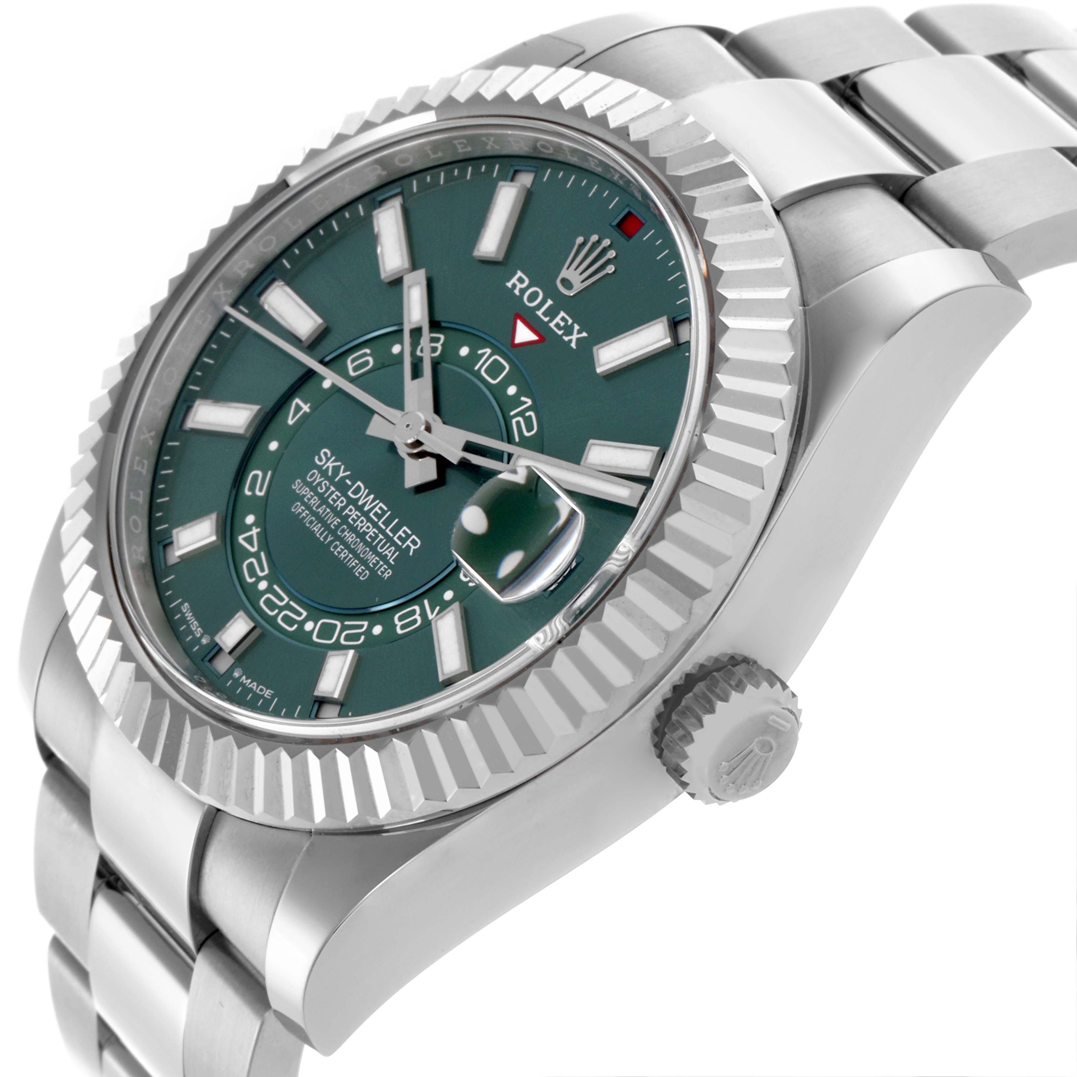 The Rolex Sky-Dweller 336934 Men's Stainless Steel Green Dial 336934 Men's Stainless Steel Green Dial is shown at a side angle, highlighting the green dial, fluted bezel, and oyster bracelet.
