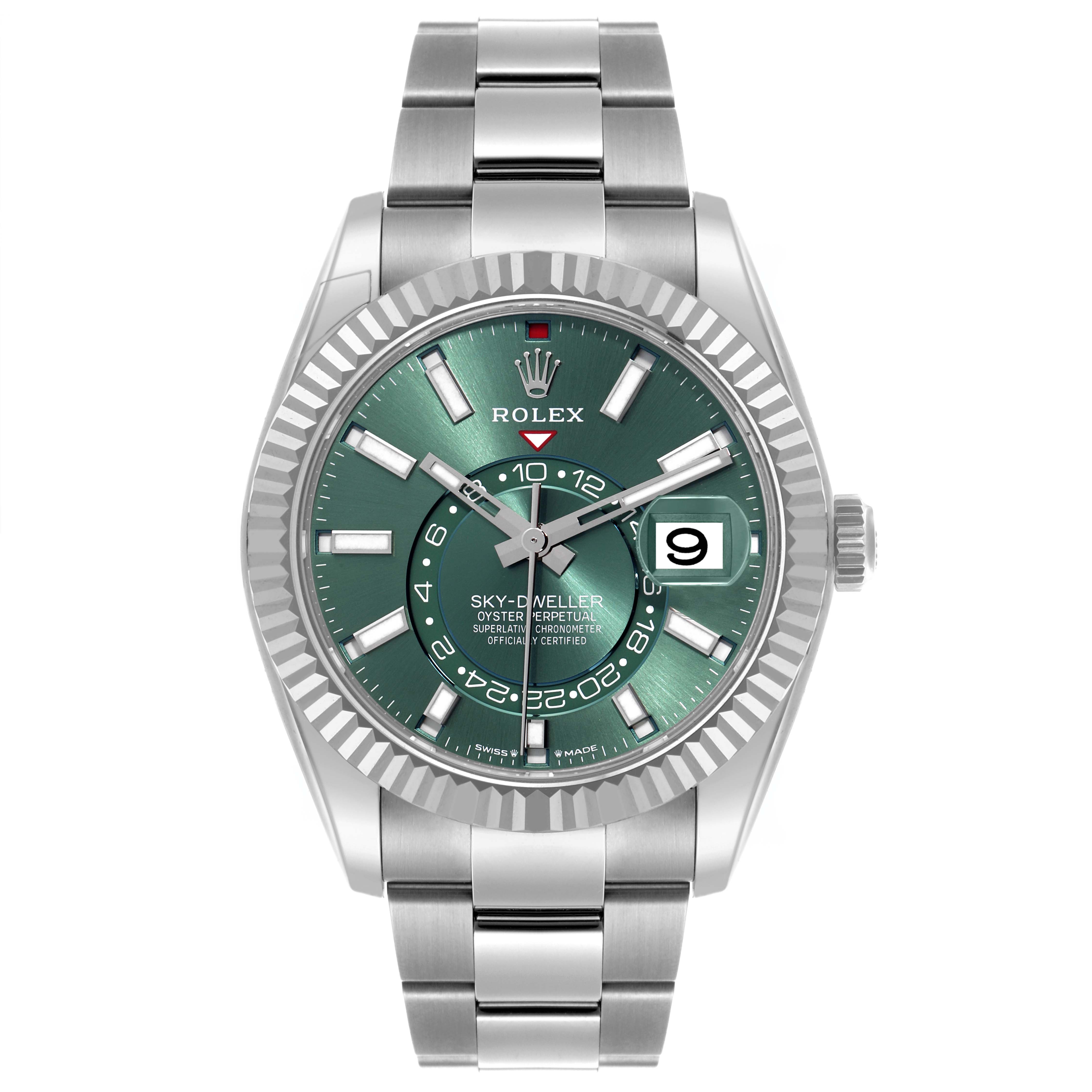 The Rolex Sky-Dweller 336934 Men's Stainless Steel Green Dial 336934 Men's Stainless Steel Green Dial watch is shown from a front angle, displaying its green dial, fluted bezel, and bracelet links.