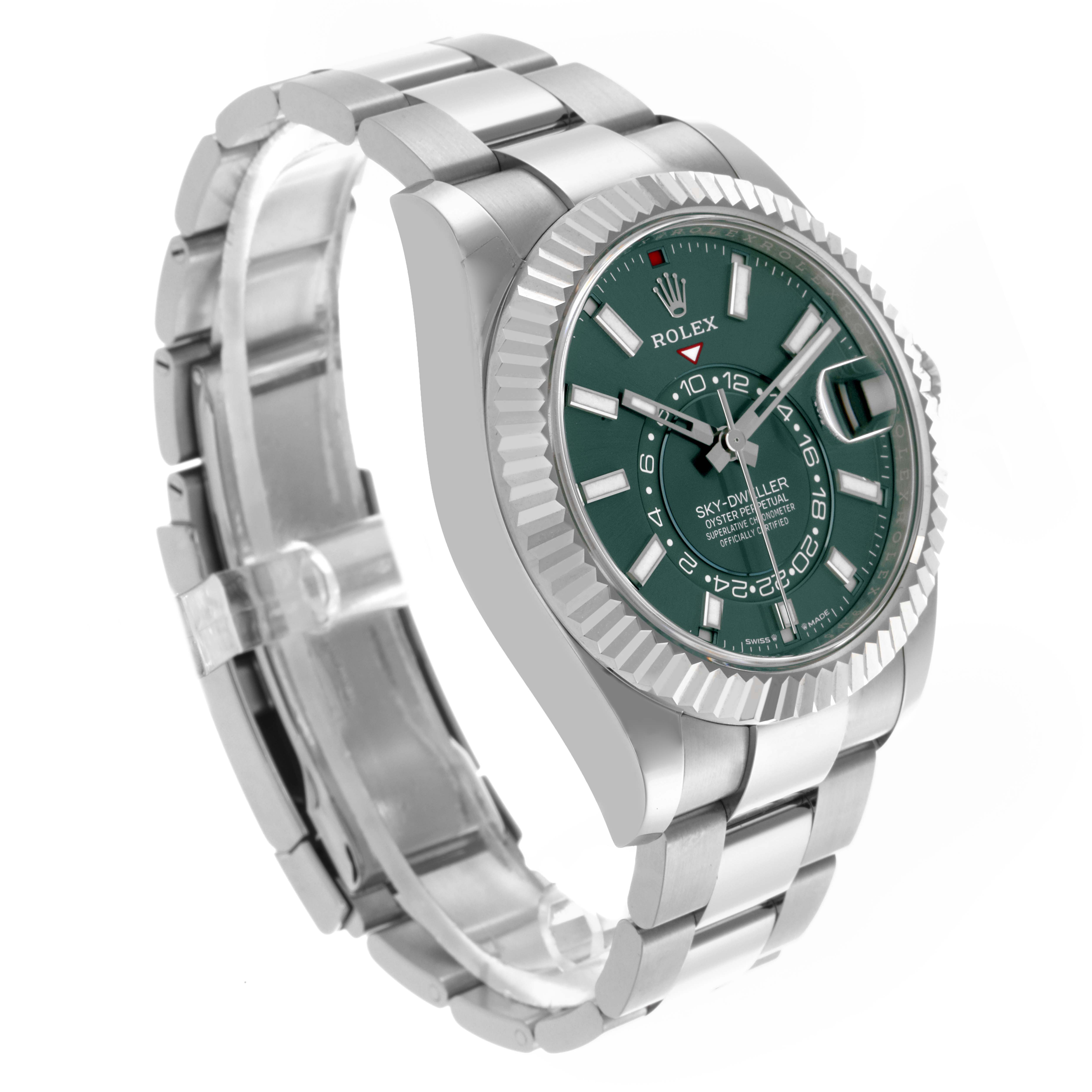 The Rolex Sky-Dweller 336934 Men's Stainless Steel Green Dial 336934 Men's Stainless Steel Green Dial is shown at a three-quarter angle, highlighting the green dial, fluted bezel, and bracelet.