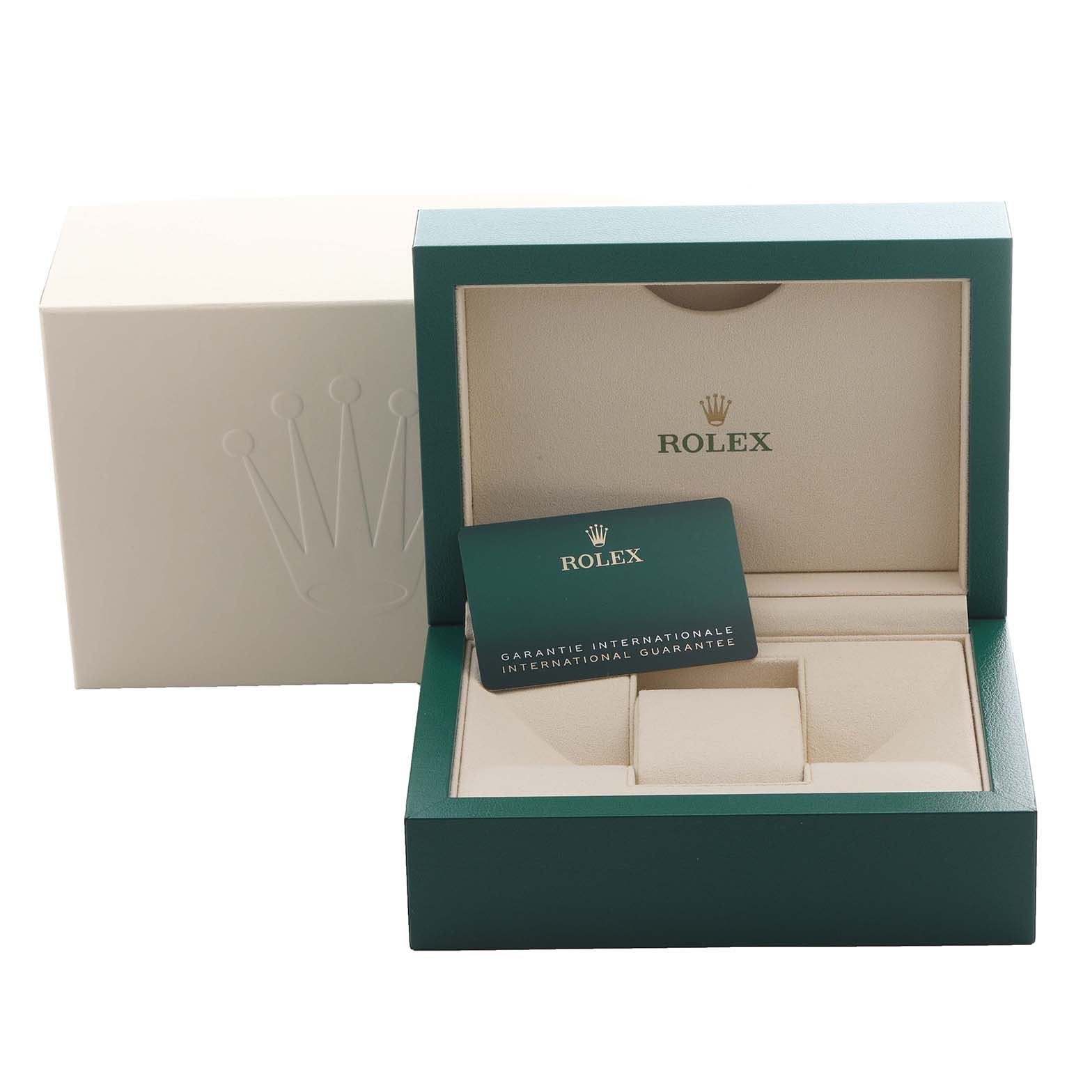 The image shows a Rolex Sky-Dweller 336934 Men's Stainless Steel Green Dial 336934 Men's Stainless Steel Green Dial watch box and guarantee card, viewed from the front with an open lid.