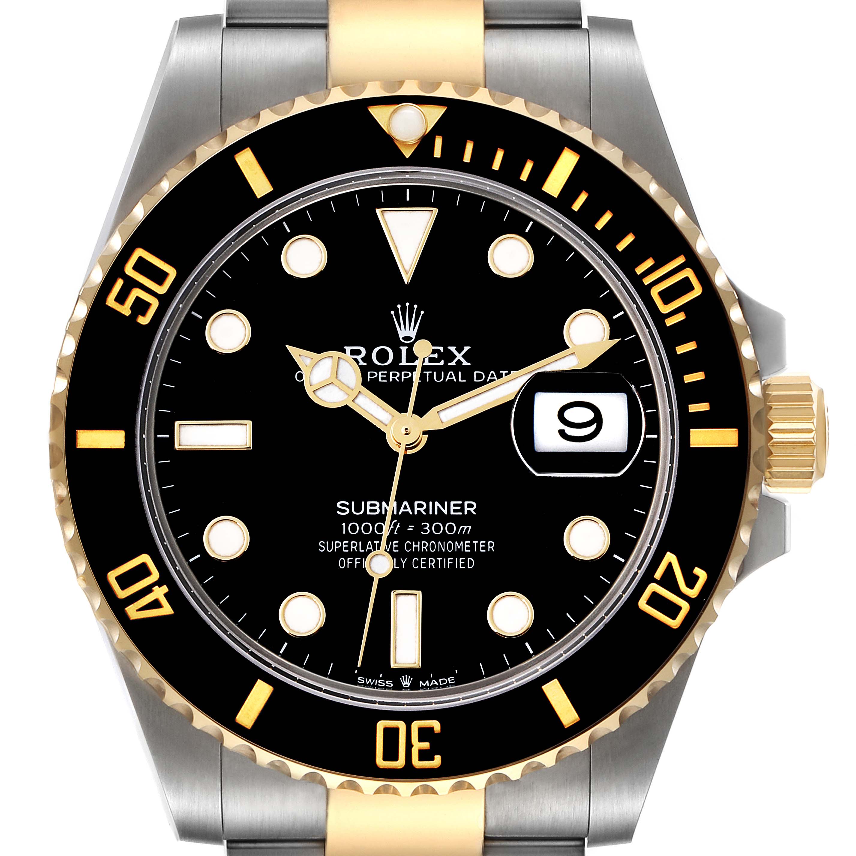 This is a frontal view of a Rolex Submariner 126613 Men's Steel and Gold (two tone) Black Dial 126613 Men's Steel and Gold (two tone) Black Dial model, showing the dial, bezel, crown, and part of the bracelet.