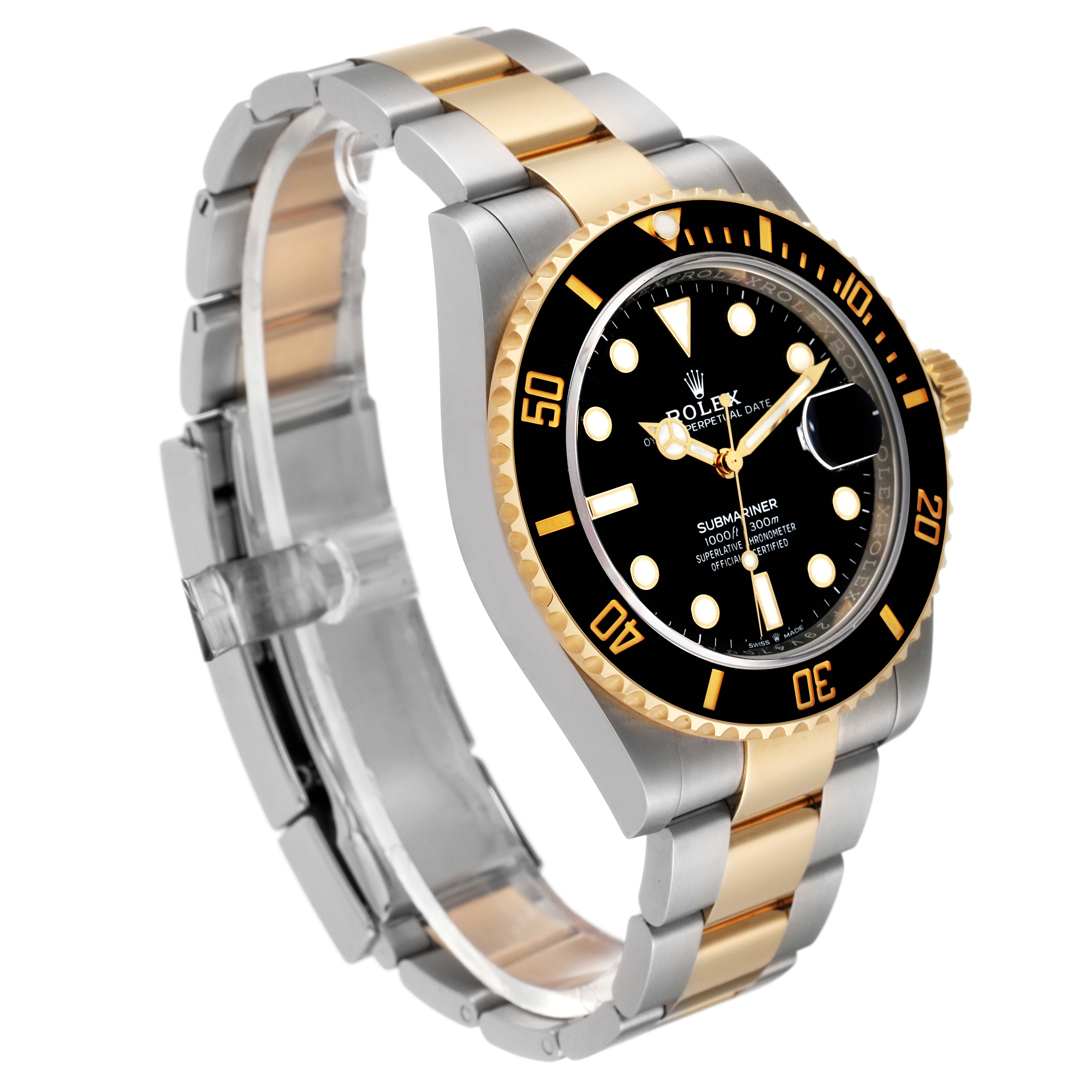 The Rolex Submariner 126613 Men's Steel and Gold (two tone) Black Dial 126613 Men's Steel and Gold (two tone) Black Dial watch is shown at a side angle, displaying the two-tone bracelet, bezel, dial, and crown.