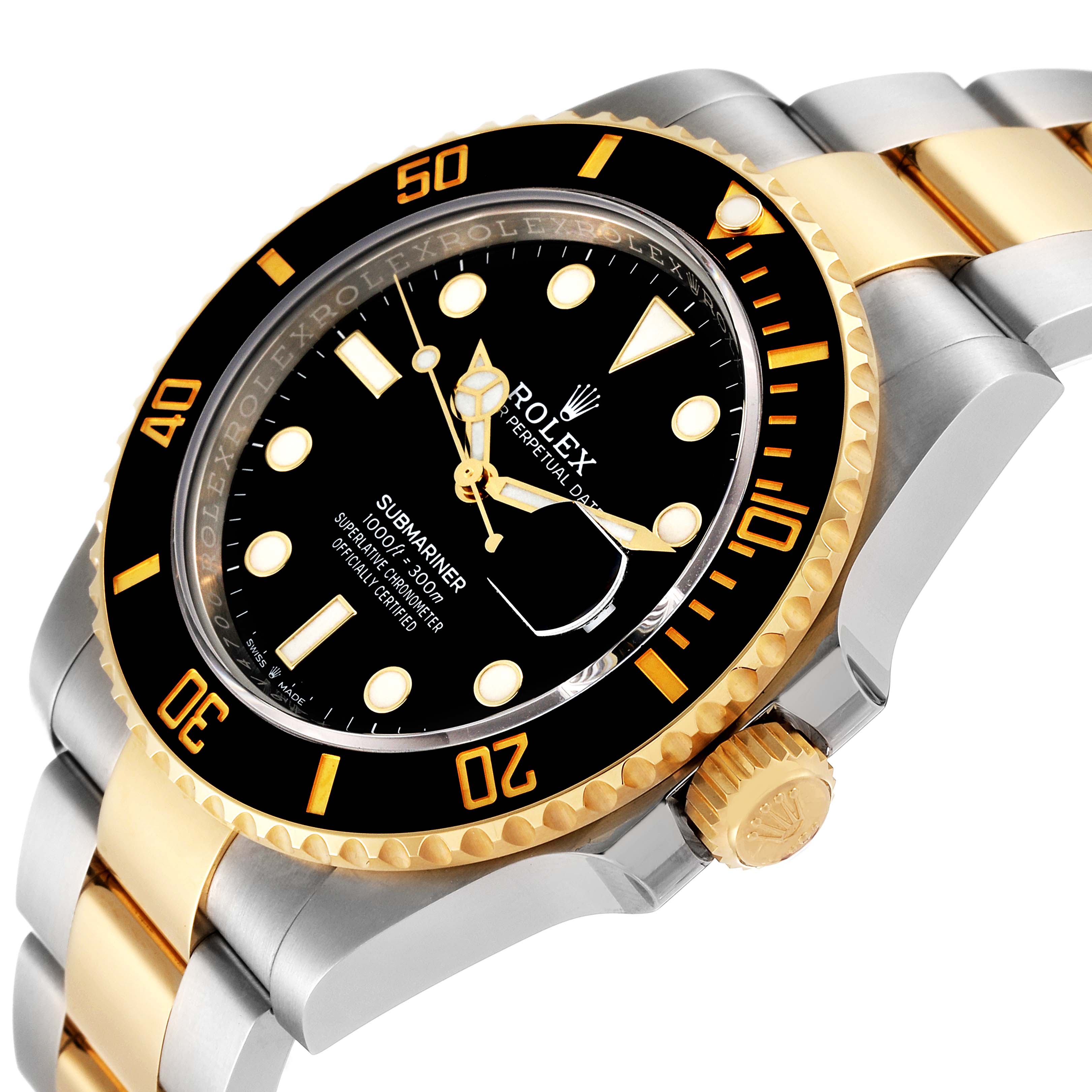 The Rolex Submariner 126613 Men's Steel and Gold (two tone) Black Dial 126613 Men's Steel and Gold (two tone) Black Dial watch is shown from a slightly tilted angle, highlighting its bezel, crown, and bracelet.