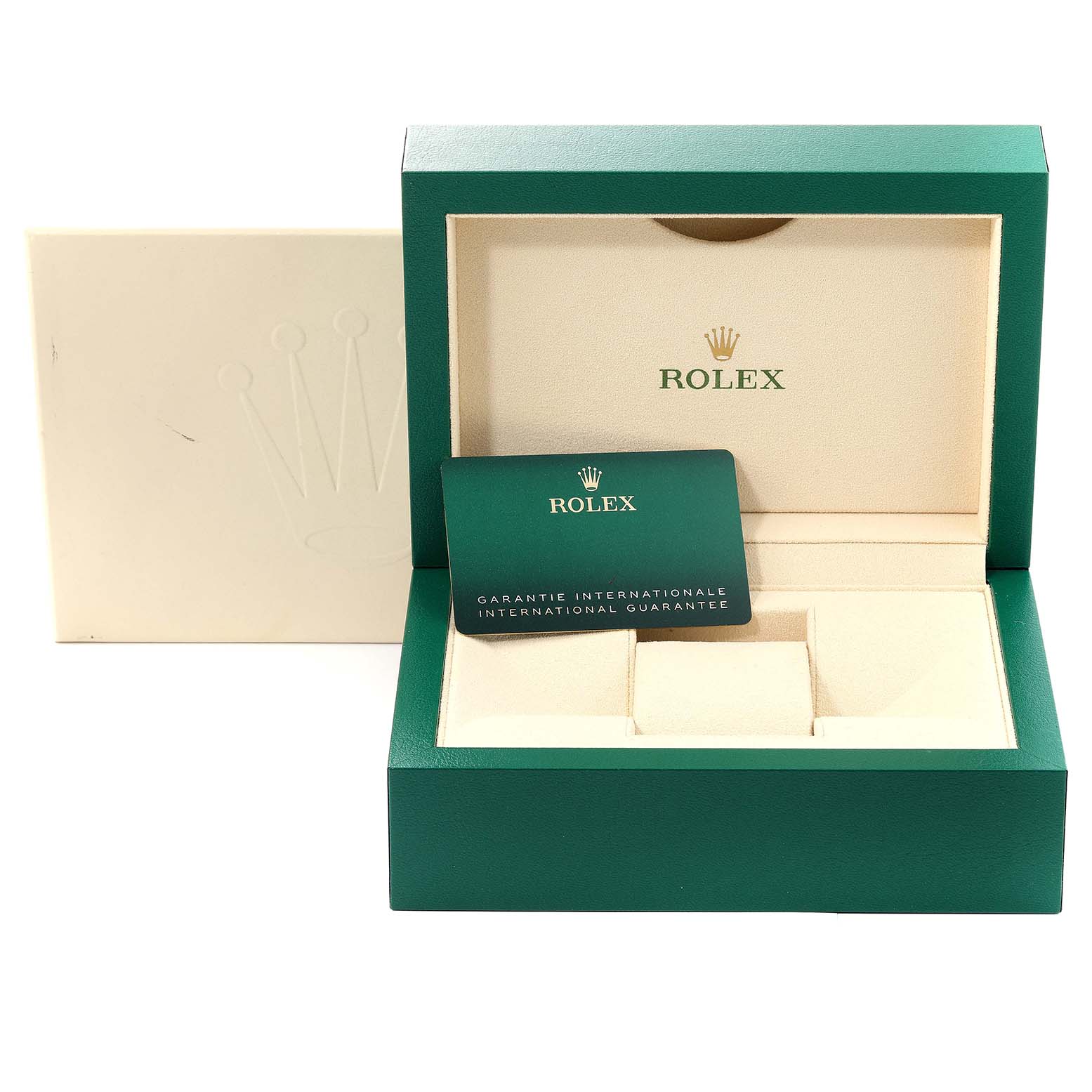 The image shows the packaging box and guarantee card for a Rolex Submariner 126613 Men's Steel and Gold (two tone) Black Dial 126613 Men's Steel and Gold (two tone) Black Dial watch.