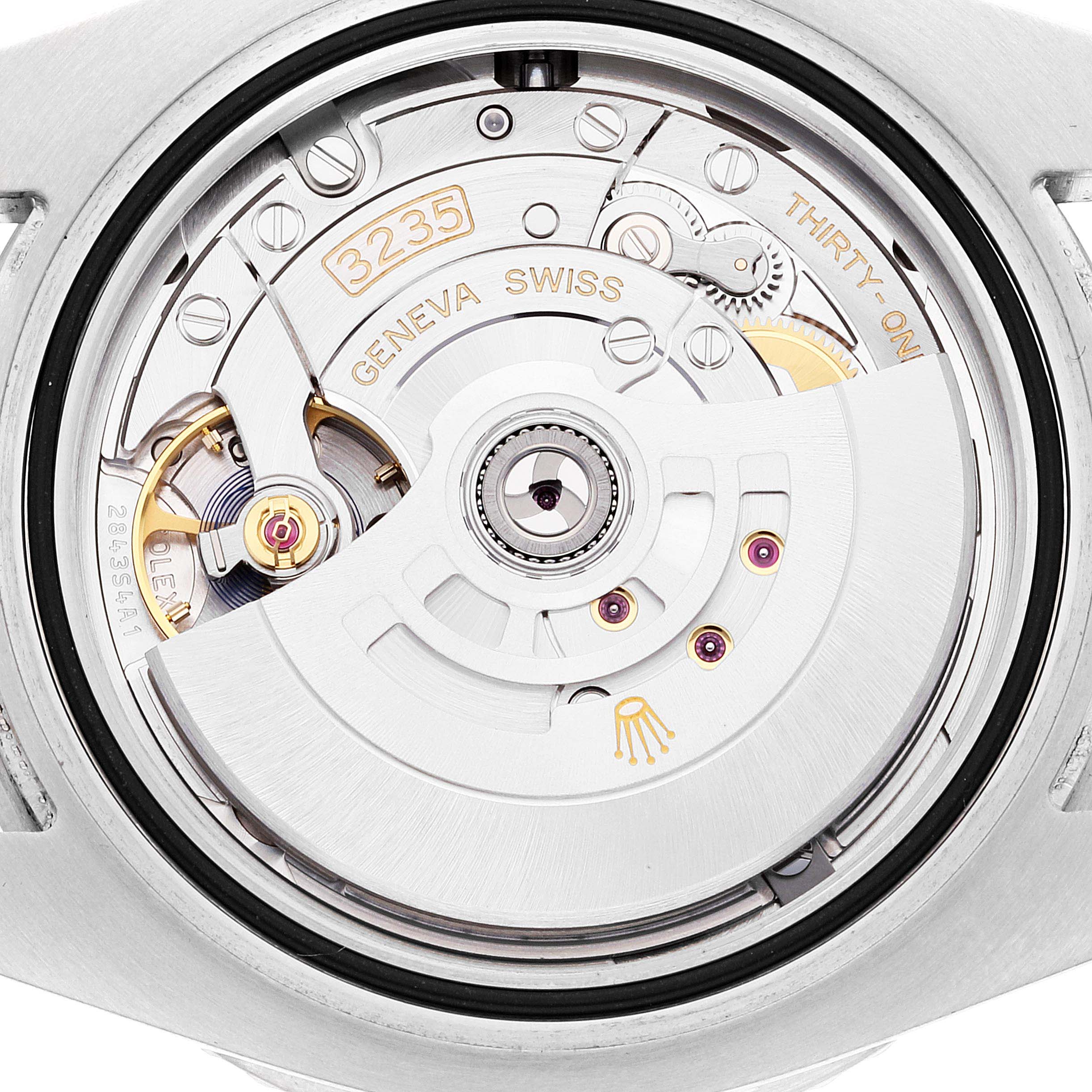 The image shows the back view of the Rolex Submariner 126610 Men
s Stainless Steel Black Dial 126610 Men
s Stainless Steel Black Dial
s movement, displaying its intricate mechanical components.