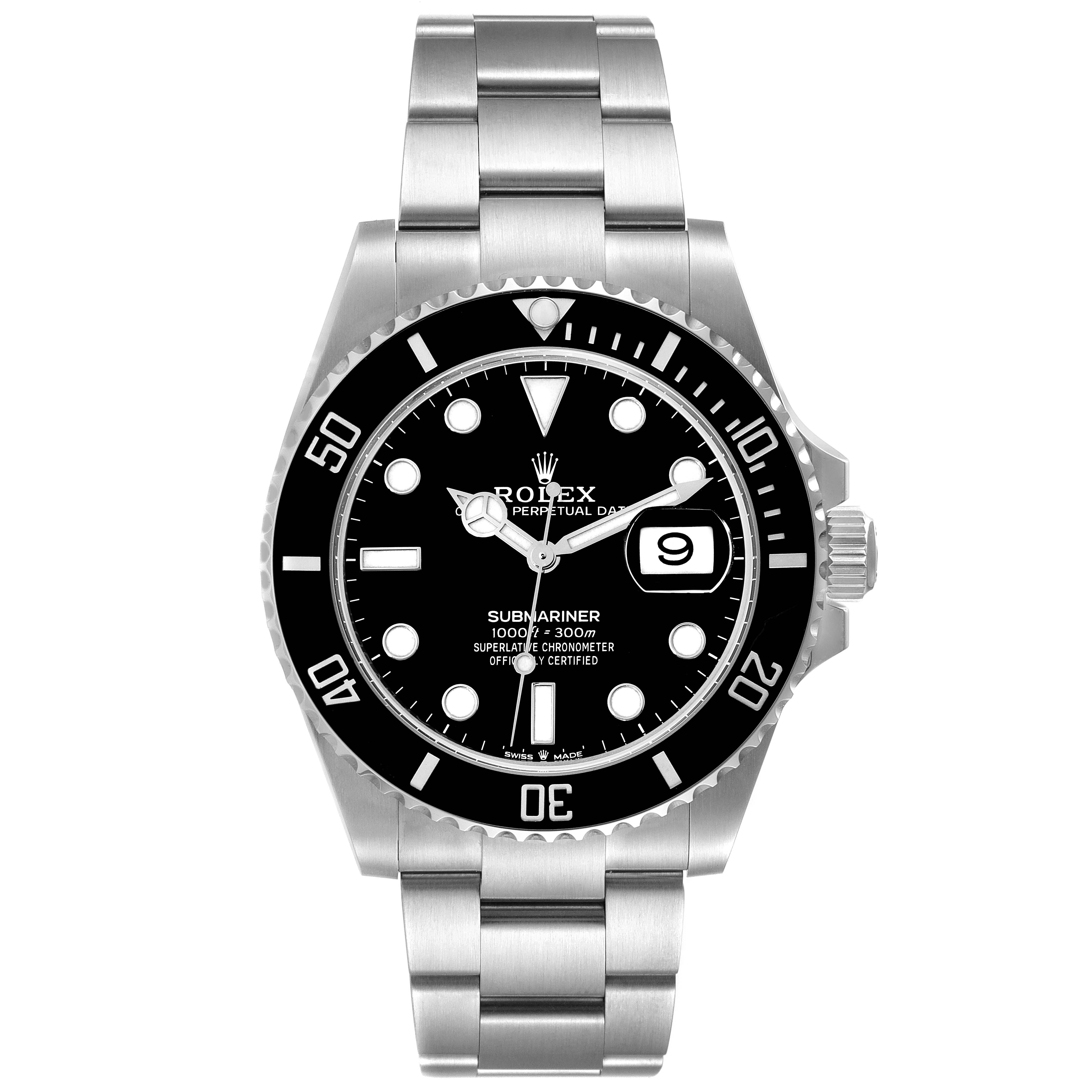 The image shows a front view of the Rolex Submariner 126610 Men
s Stainless Steel Black Dial 126610 Men
s Stainless Steel Black Dial watch, displaying its dial, bezel, and stainless steel bracelet.