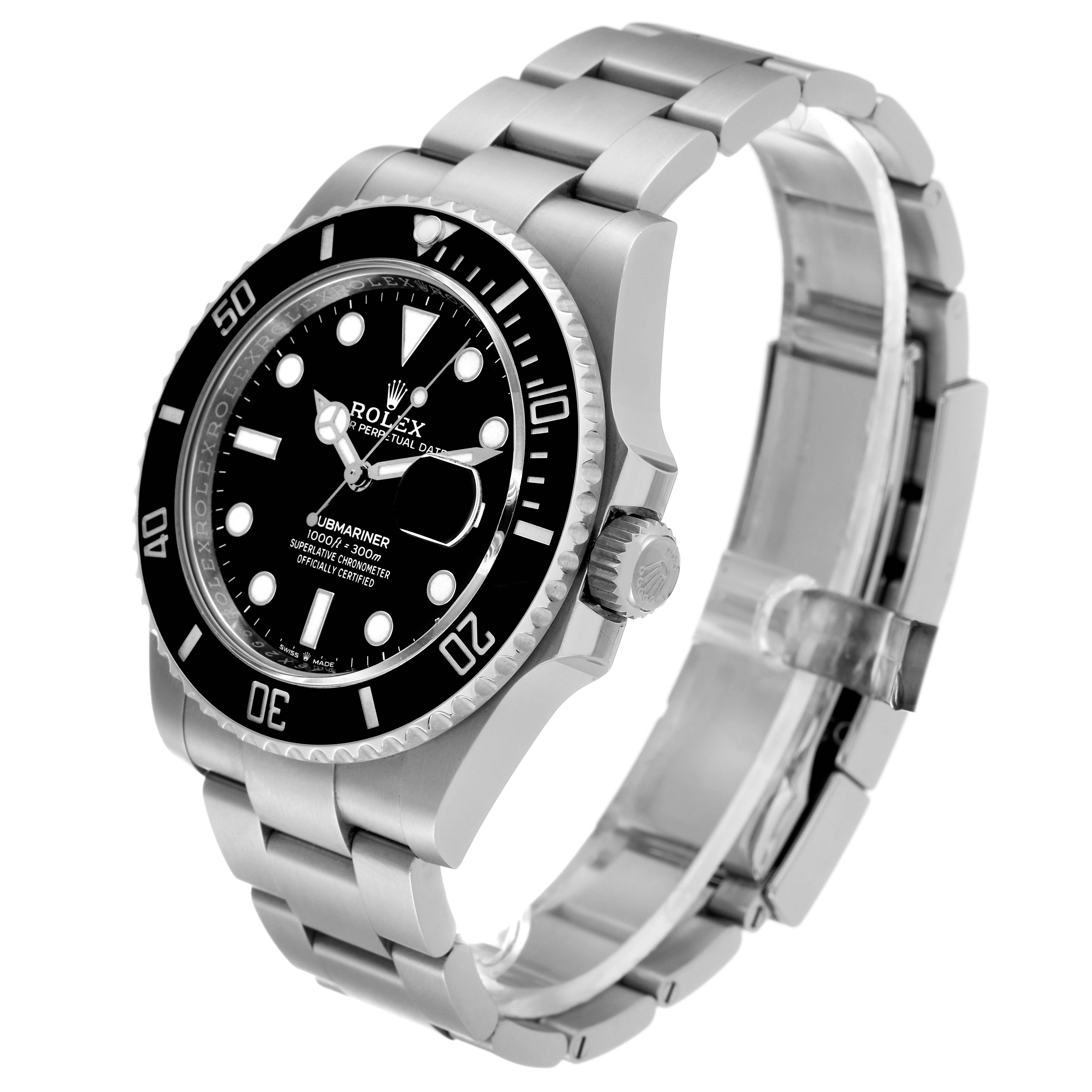 This image shows a Rolex Submariner 126610 Men
s Stainless Steel Black Dial 126610 Men
s Stainless Steel Black Dial watch at a three-quarter angle, highlighting the face, bezel, crown, and bracelet.