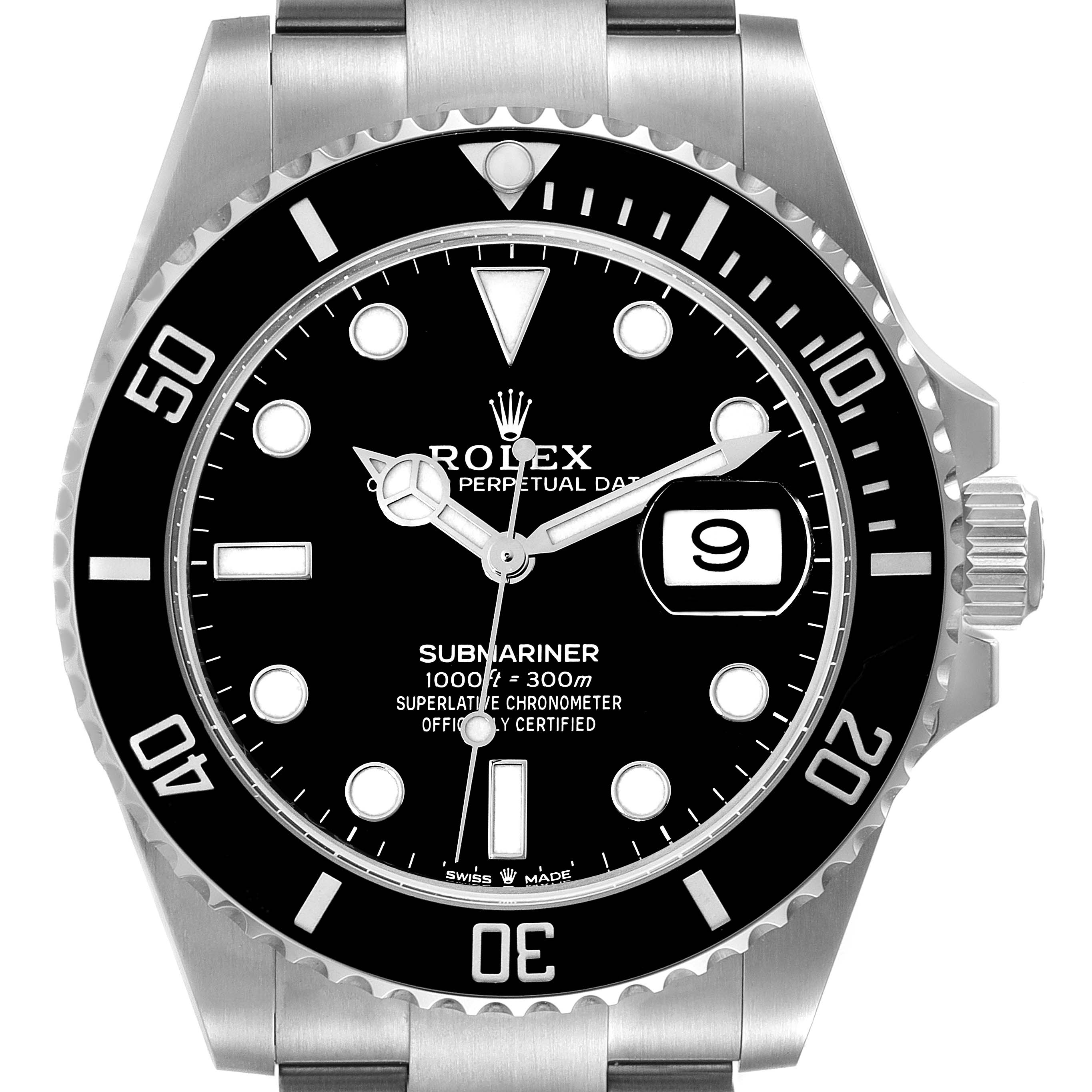 The image shows a front view of the Rolex Submariner 126610 Men
s Stainless Steel Black Dial 126610 Men
s Stainless Steel Black Dial watch, showcasing its dial, bezel, and crown.