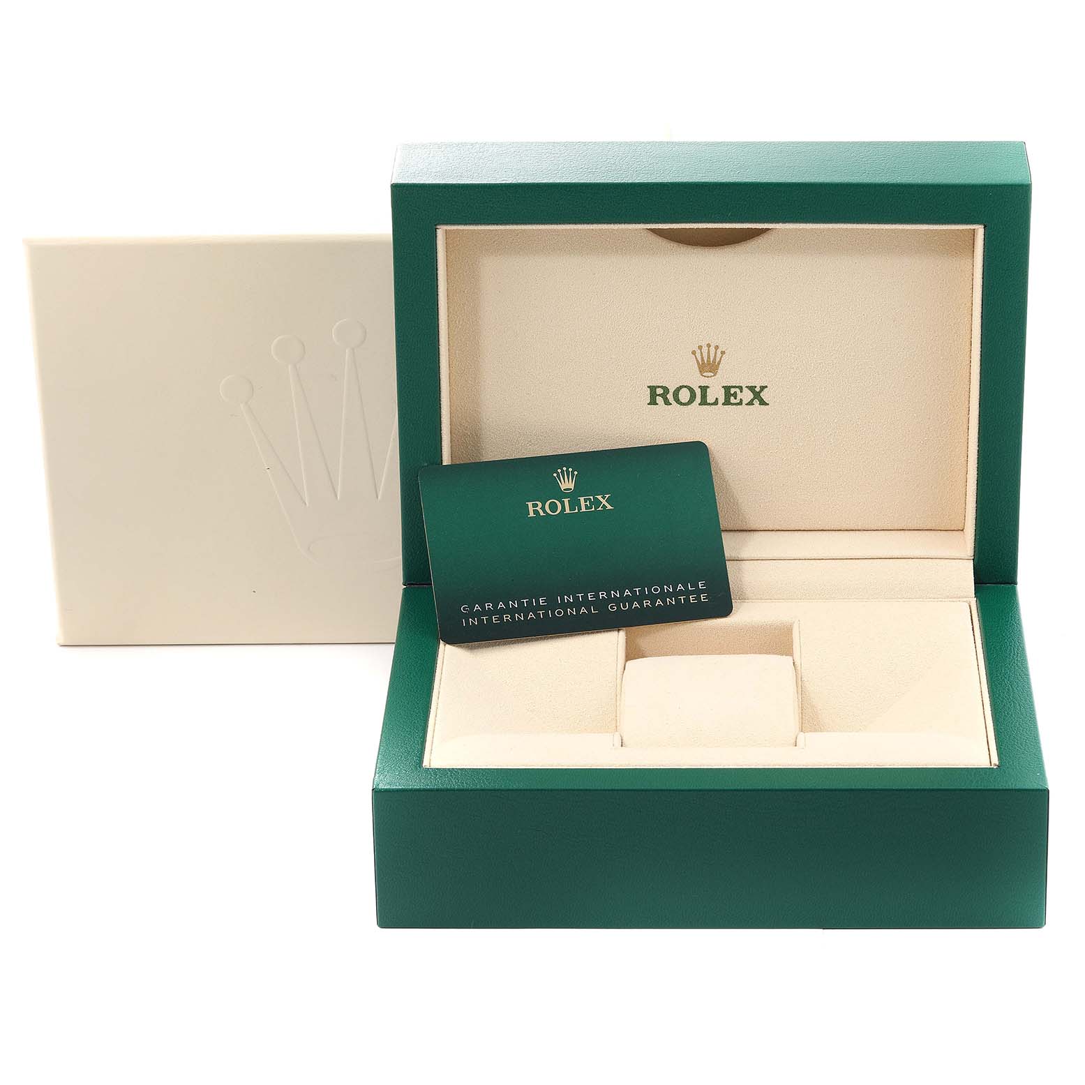 This image shows the open box and international guarantee card for a Rolex Submariner 126610 Men
s Stainless Steel Black Dial 126610 Men
s Stainless Steel Black Dial watch.