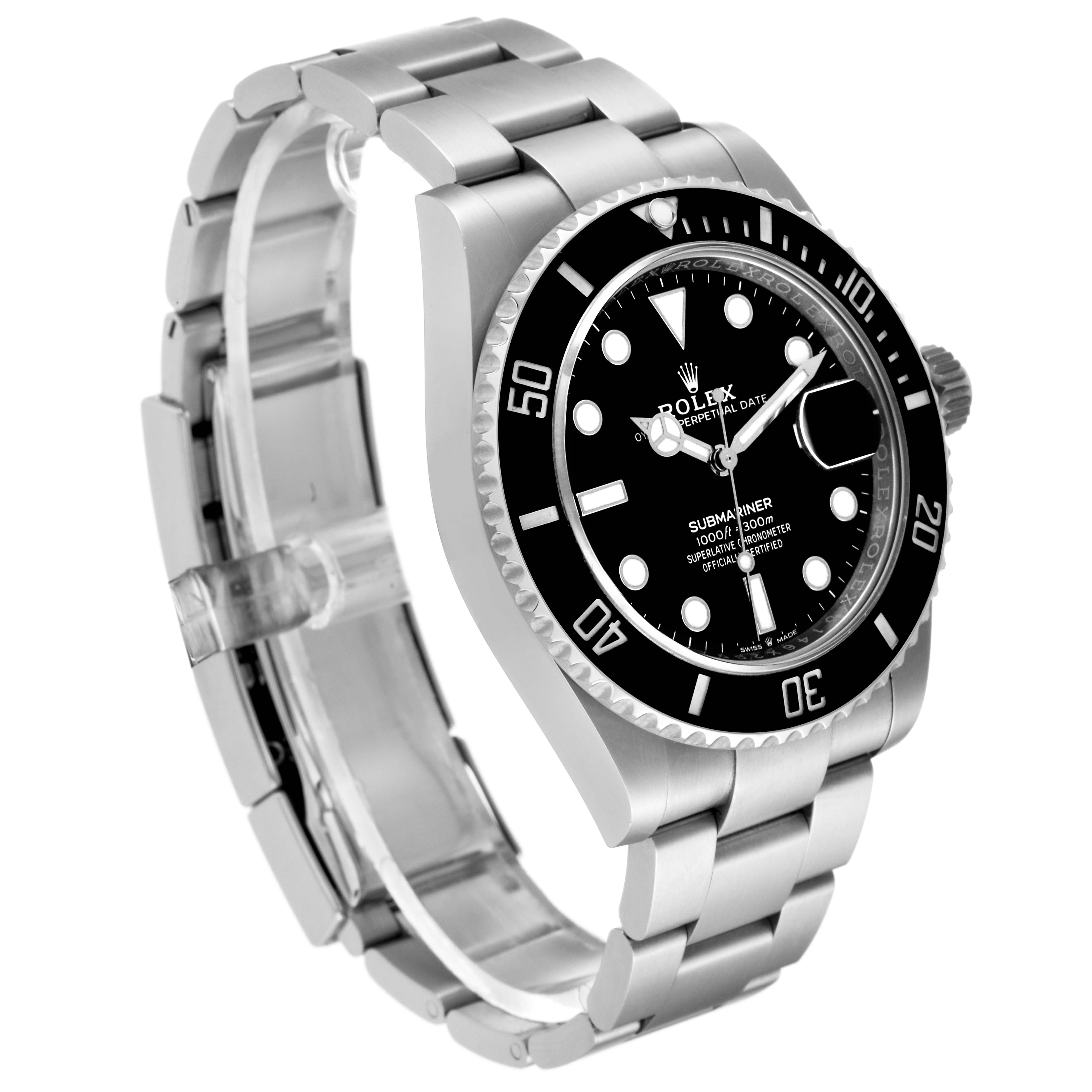 The image shows a Rolex Submariner 126610 Men
s Stainless Steel Black Dial 126610 Men
s Stainless Steel Black Dial watch from a 3/4 angle, highlighting its black dial, bezel, and stainless steel bracelet.